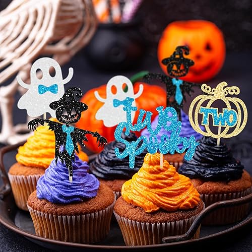 Miniatura 7 de Gyufise 24 piezas de Halloween dos decoraciones espeluznantes para cupcakes con purpurina azul, fantasma, calabaza, cupcakes, decoración de pastel