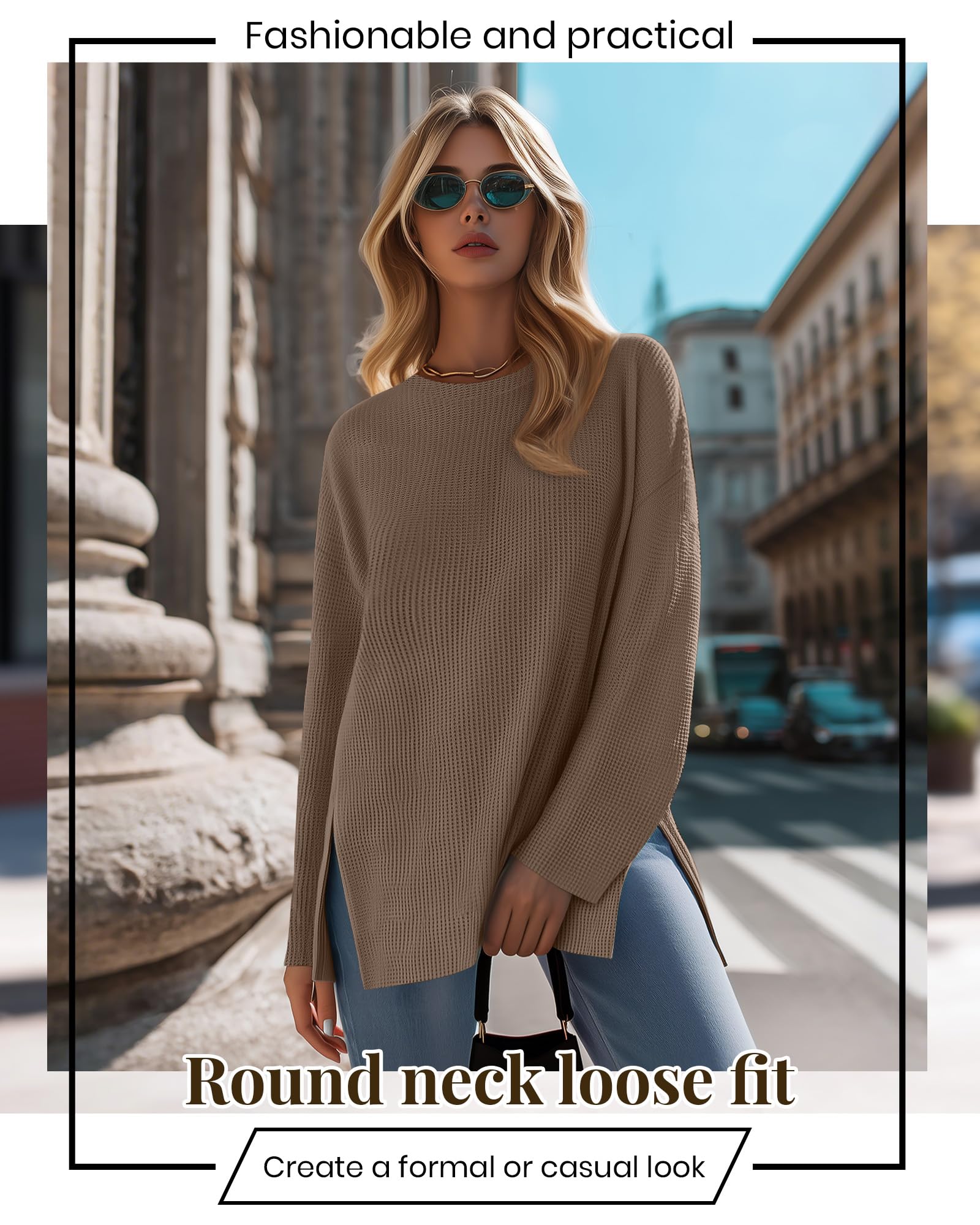 Tenare Lot de 3 Hauts Femme en Maille Waffle Manches Longues, Oversize Col Rond T-Shirts Amples Automne Hiver Basique Blouses