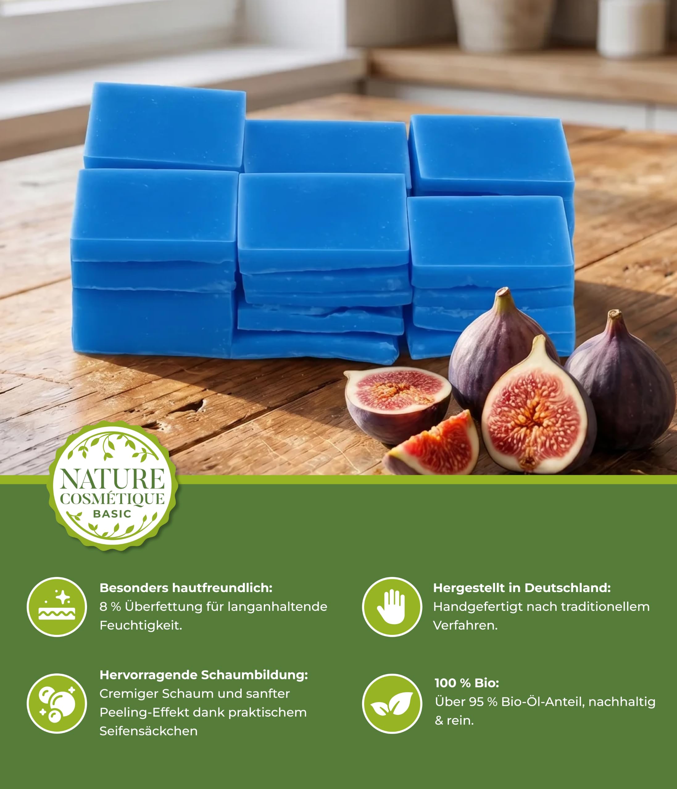 Nature Cosmétique® Jabón natural básico con saquito de jabón higo (afrutado, dulce) – Jabón de rotura orgánico – Jabón de manos y ducha vegano, para piel seca y madura – Jabón corporal regalo