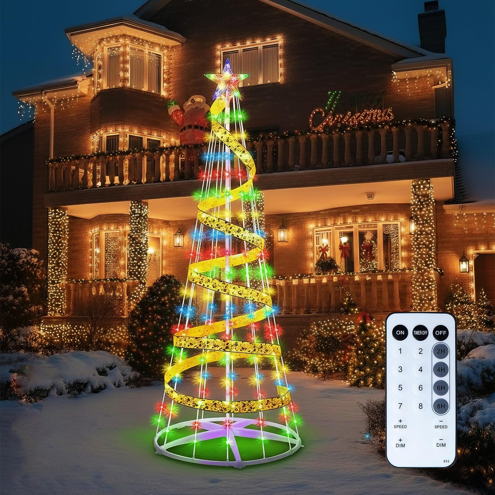 Photo 1 of 6ft 192 LED Multicolor Indoor Outdoor led Christmas Tree with Remote and Ribbon,8 Modes Lightshow Dimmable Artificial Christmas Cone Tree for Yard,Light Up Christmas Decorations for Indoor Outdoor
