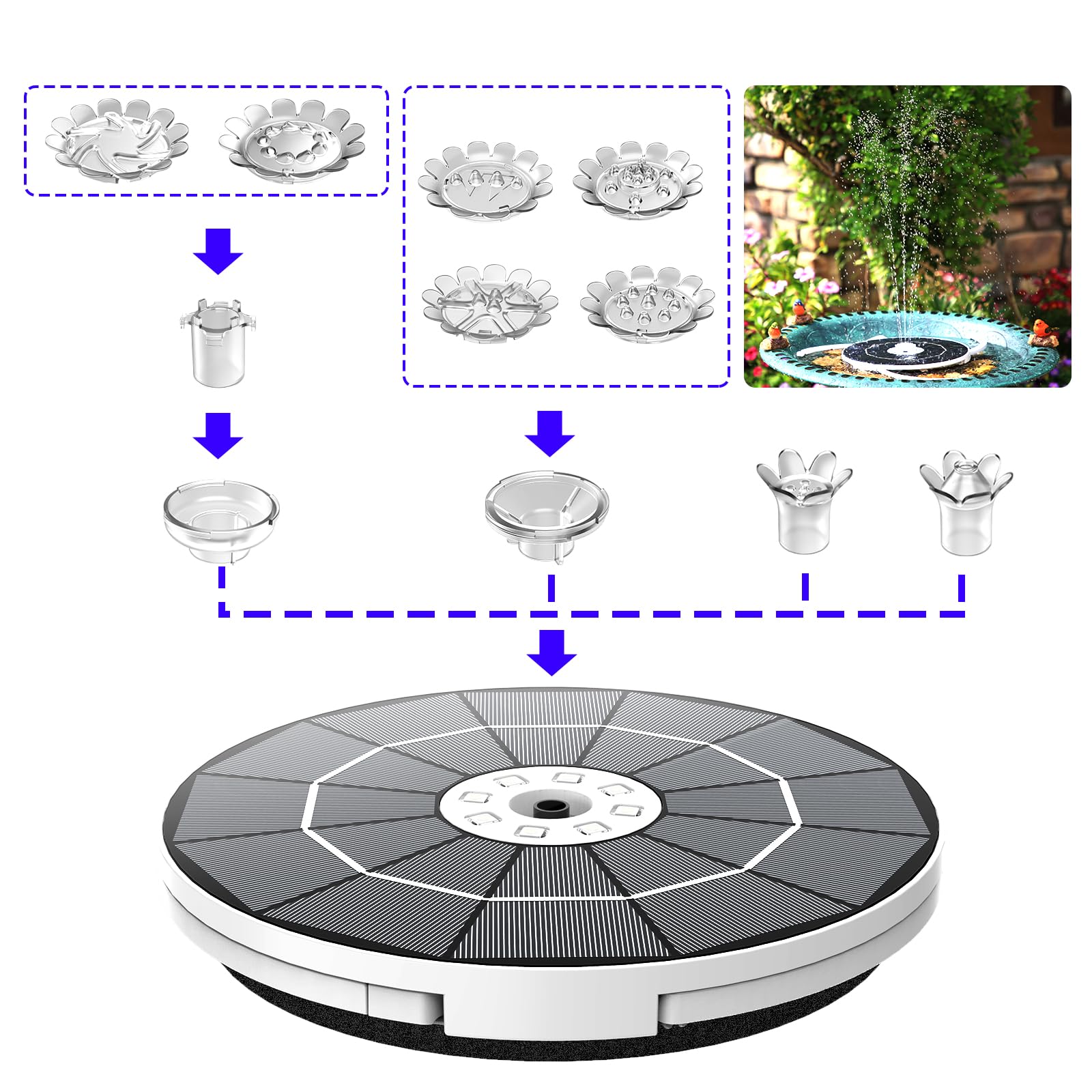 AISITIN 3,5W LED Solar Springbrunnen für Außen mit Fernbedienung, Buntes LED Solar Teichpumpe mit 3000 mAh Batterie, Solarbrunnen für Draussen mit 8 Fontänenstile Wasserpumpe für Garten,Vogelbad