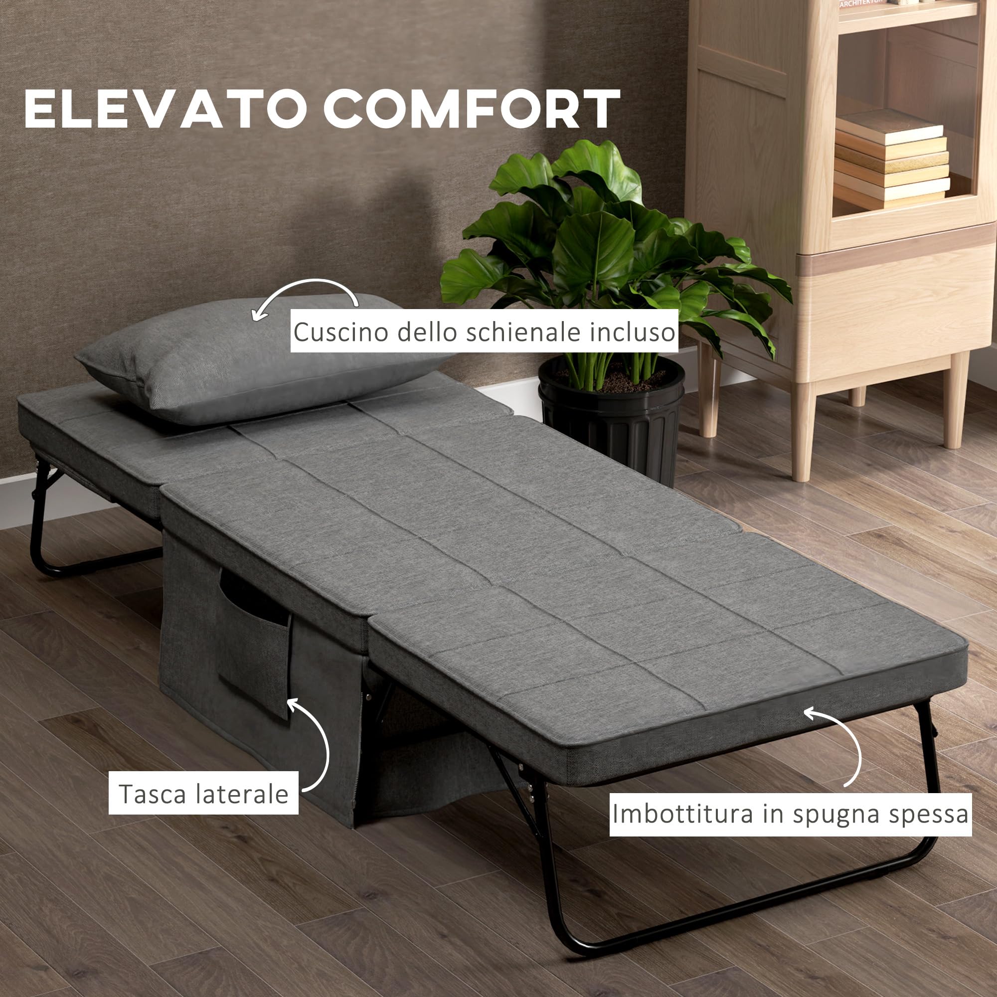 HOMCOM Pouf Letto Pieghevole Multiuso 4 in 1, Brandina Chaise Longue Salvaspazio con Schienale Reclinabile a 5 Livelli, Grigio