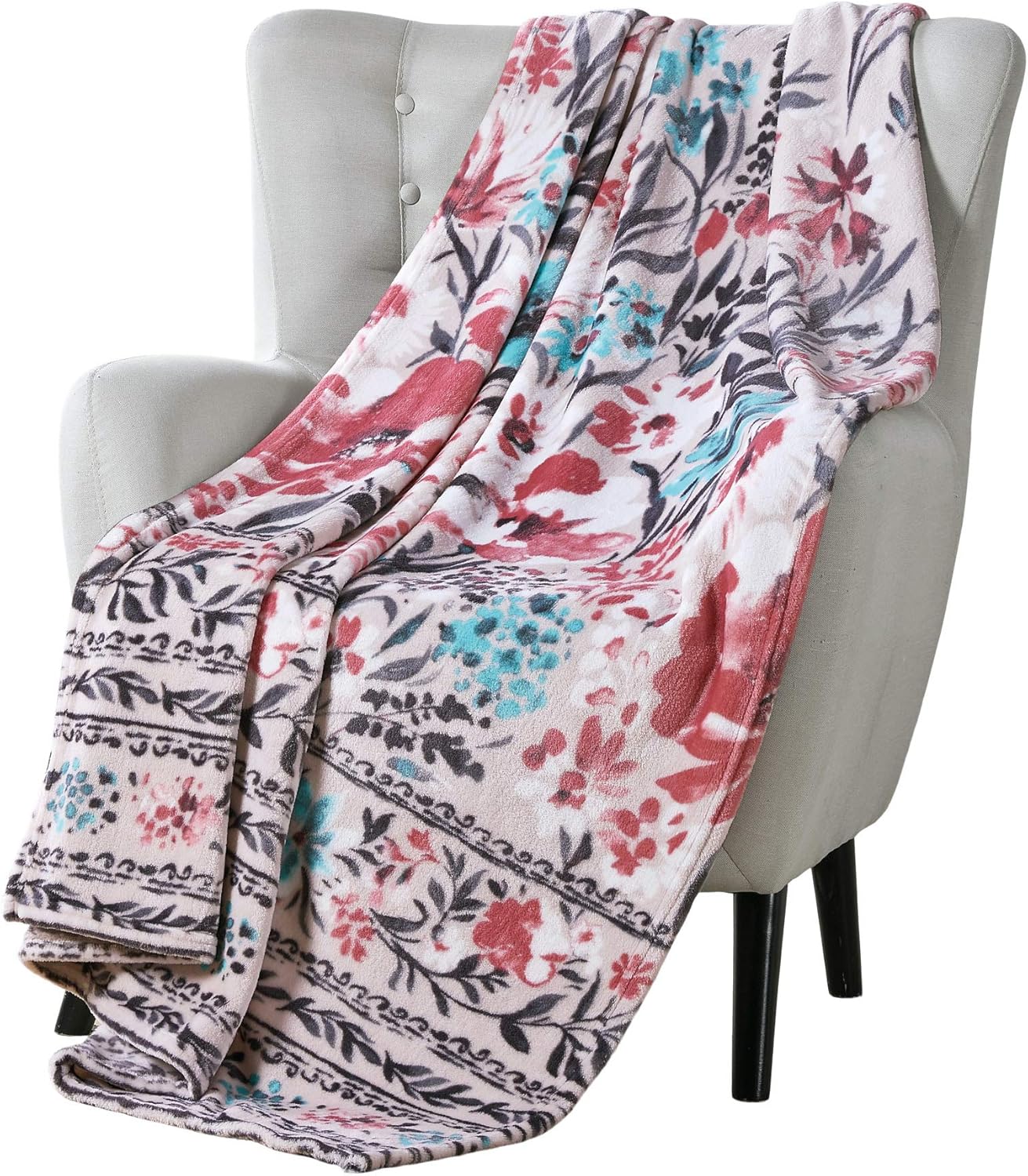 Decorative Floral Throw Blanket: Colorful Pink Aqua Grey with Elegant Border Design, Accent for Chair Sofa Couch Bed for Home Dorm, Soft Micro Velvet Fleece (Gracie)