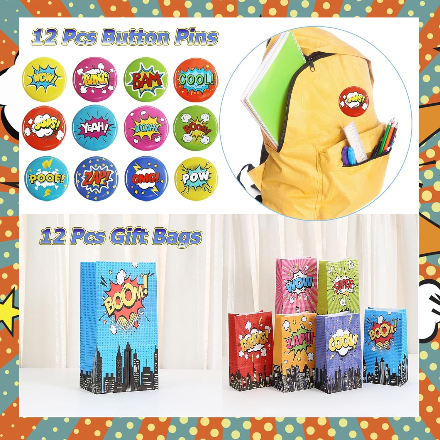 158Pcs Hero Party Favor-Cartoon Themed Party Supplies Include Gift Bag, Button Pins,Slap Bracelets, Keychain, Straws, Stickers Fans Party Classroom Bonus Gifts