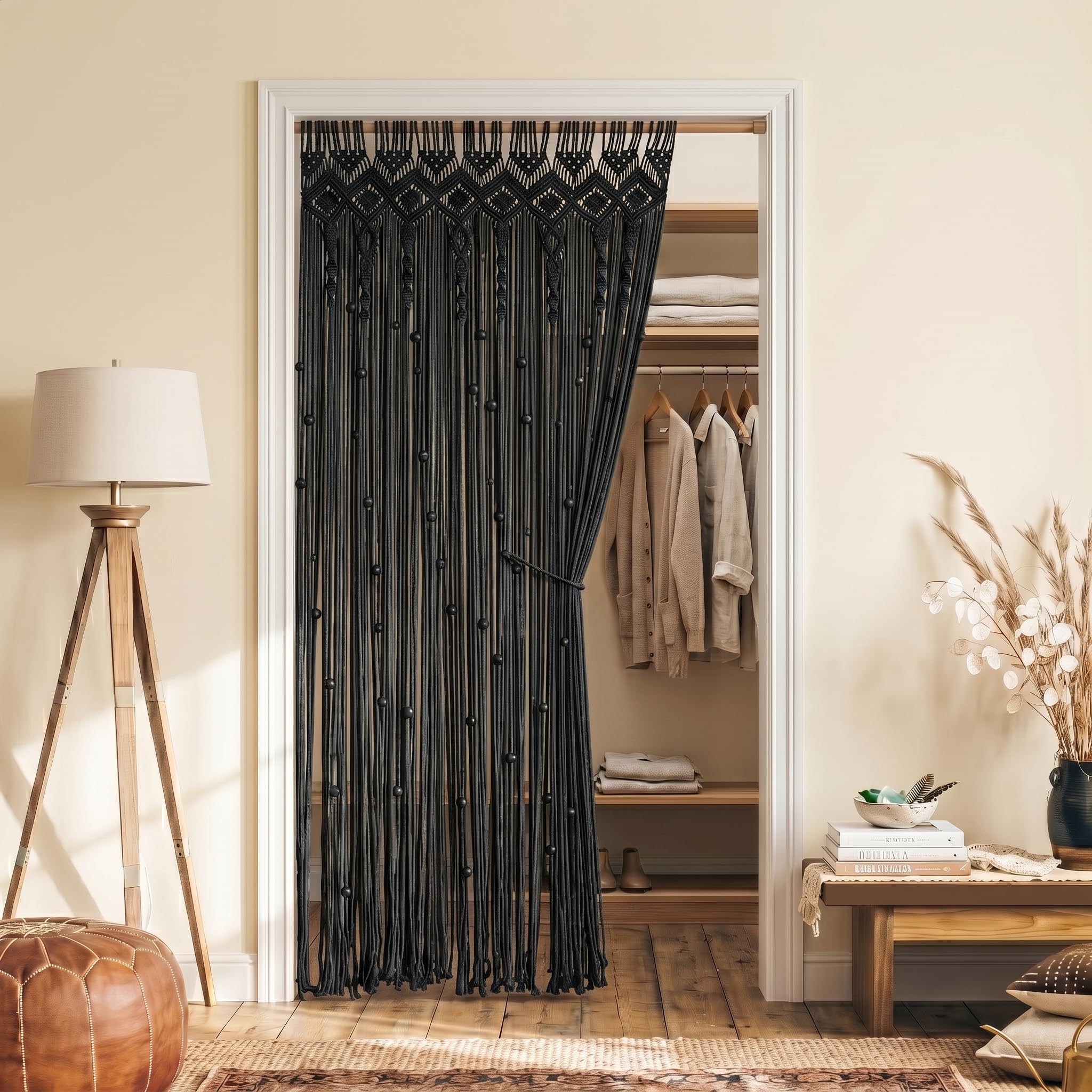 Lino Rosa Perlen-Türvorhang für Tür, Gothic-Hexe, schwarzer Makramee-Perlenvorhang für Schrank, Schlafzimmer, Wandbehang, Wandteppich, Grunge-Raumdekoration