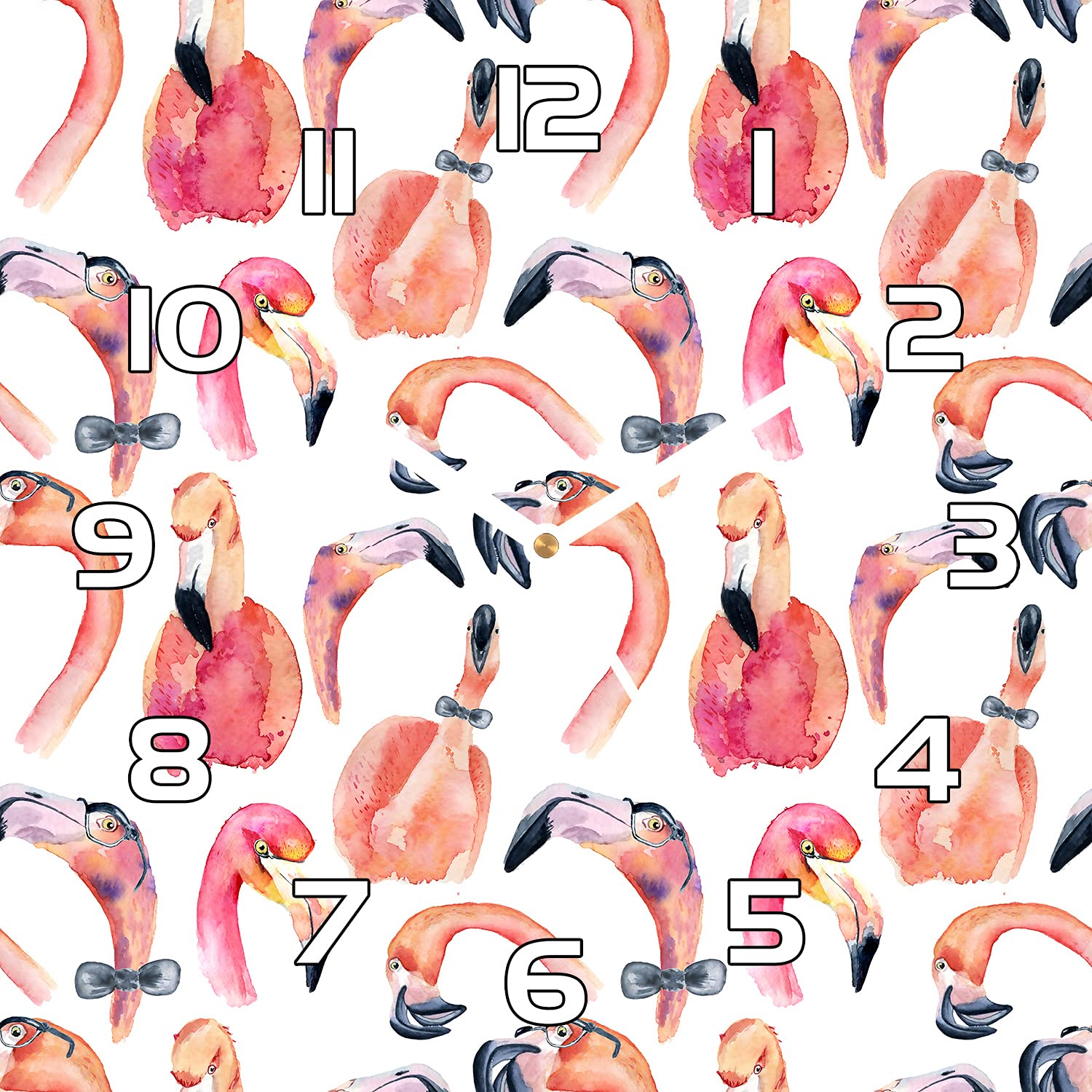 Horloge en verre 30x30 cm Coloray avec motif flamants roses et aiguilles noires pour salon