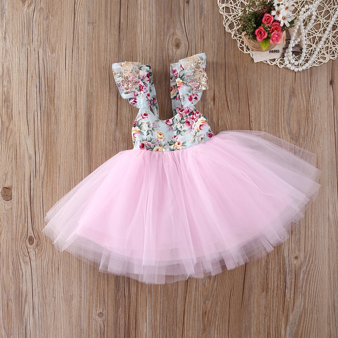 HOTONE Newborn Toddler Baby Girls Floral Dress Party Ball Gown Lace Tutu Formal Dresses Sundress (4-5T, Pink)