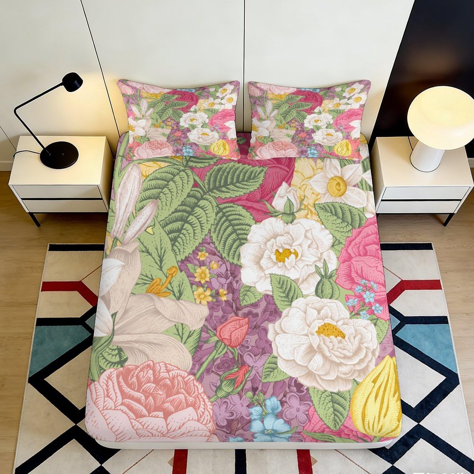 3D Printed Floral Garden Fitted Sheet Microfiber Soft Pink Peony Botanical Bed Sheet for Bedroom Guestroom Decor 90x200x25cm
