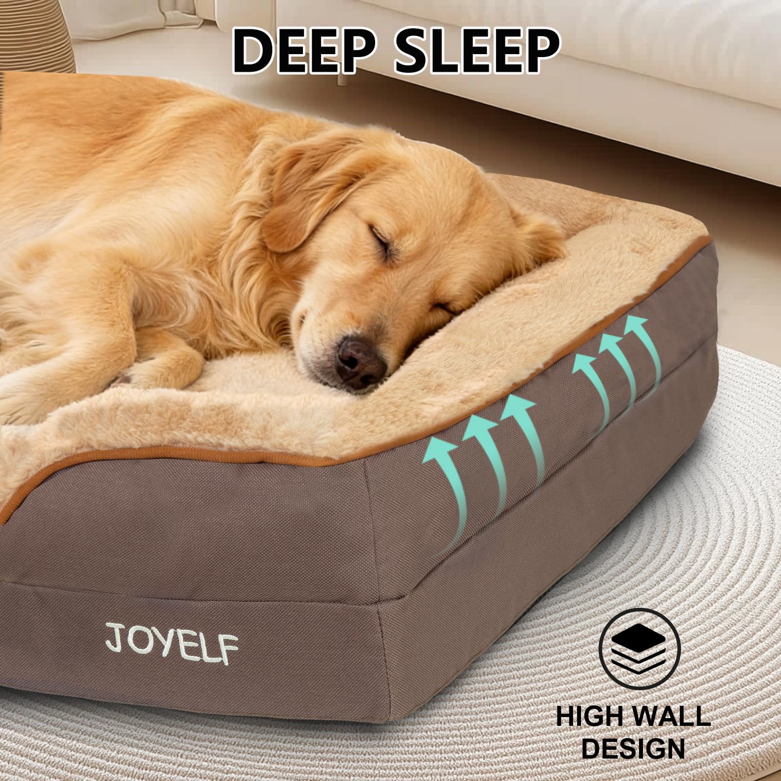 JOYELF Cama Ortopédica para Perros Grandes, Sofá Cama de Espuma, Cama Impermeable con Funda Lavable y Base Antideslizante - Café