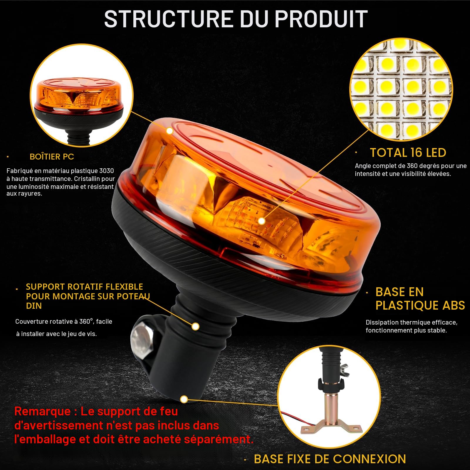 AOHEWEI Gyrophare d'avertissement LED Ambre, 4 clignotants 2 motifs rotatifs 12/24 V 16 pièces Lampe stroboscopique LED pour machines agricoles Véhicule utilitaire Bus scolaire Tracteur Pelles Camion