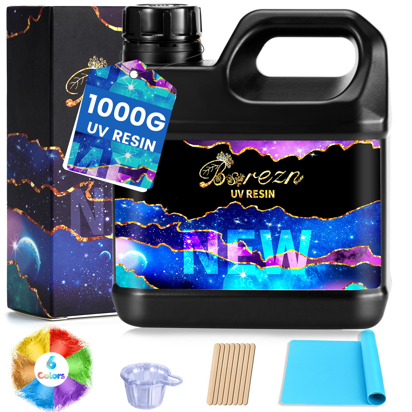Bsrezn 1000g UV Cure Resin Kit with Mica Powders of 6 Colors, Premixed Resin for Jewelry Making and Craft Decoration(1 x 1000g)