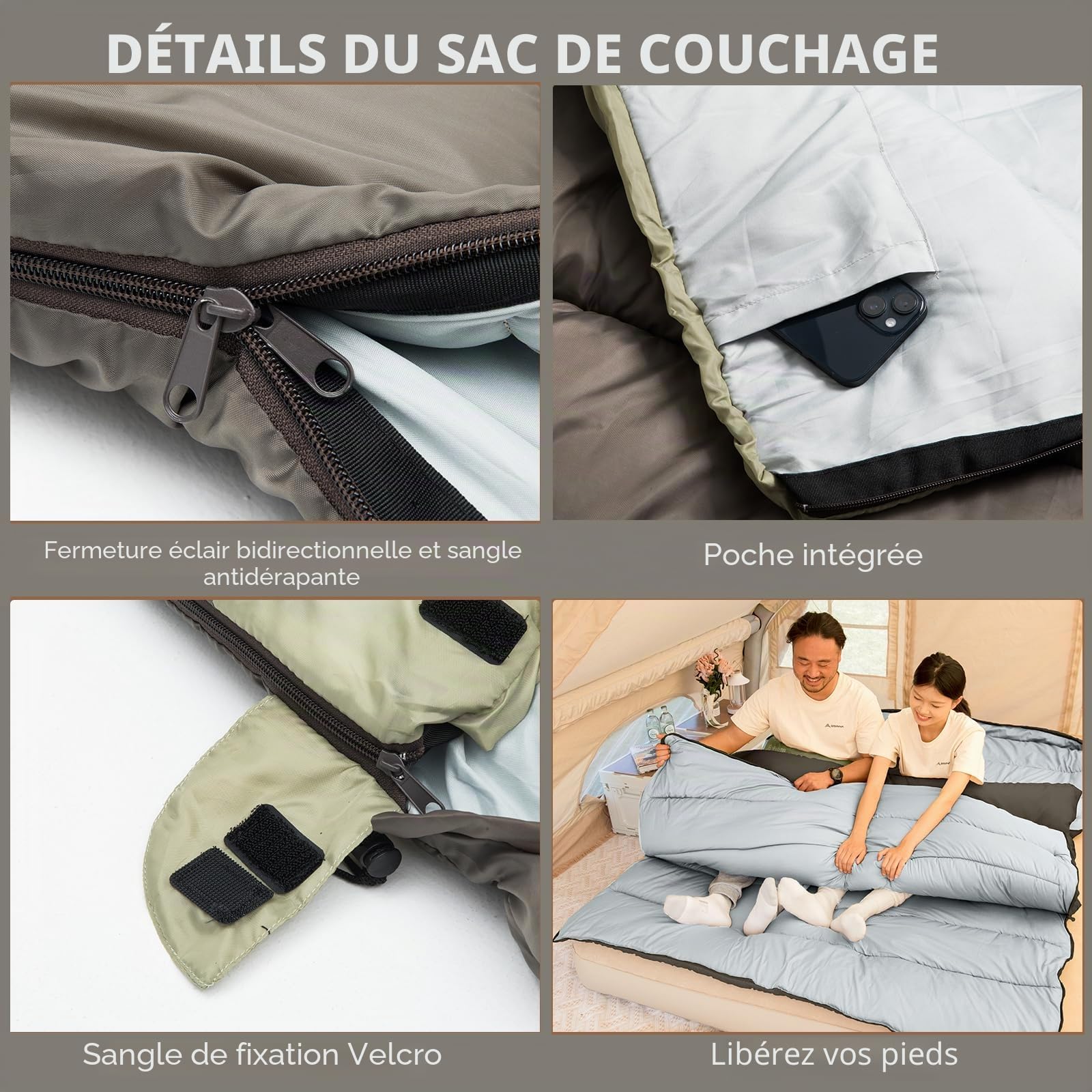 BISINNA Sac de Couchage Double 0°C 4.2kg | 2 oreillers, sac de compression, déperlant. Pour couples, familles, camping, caravaning.