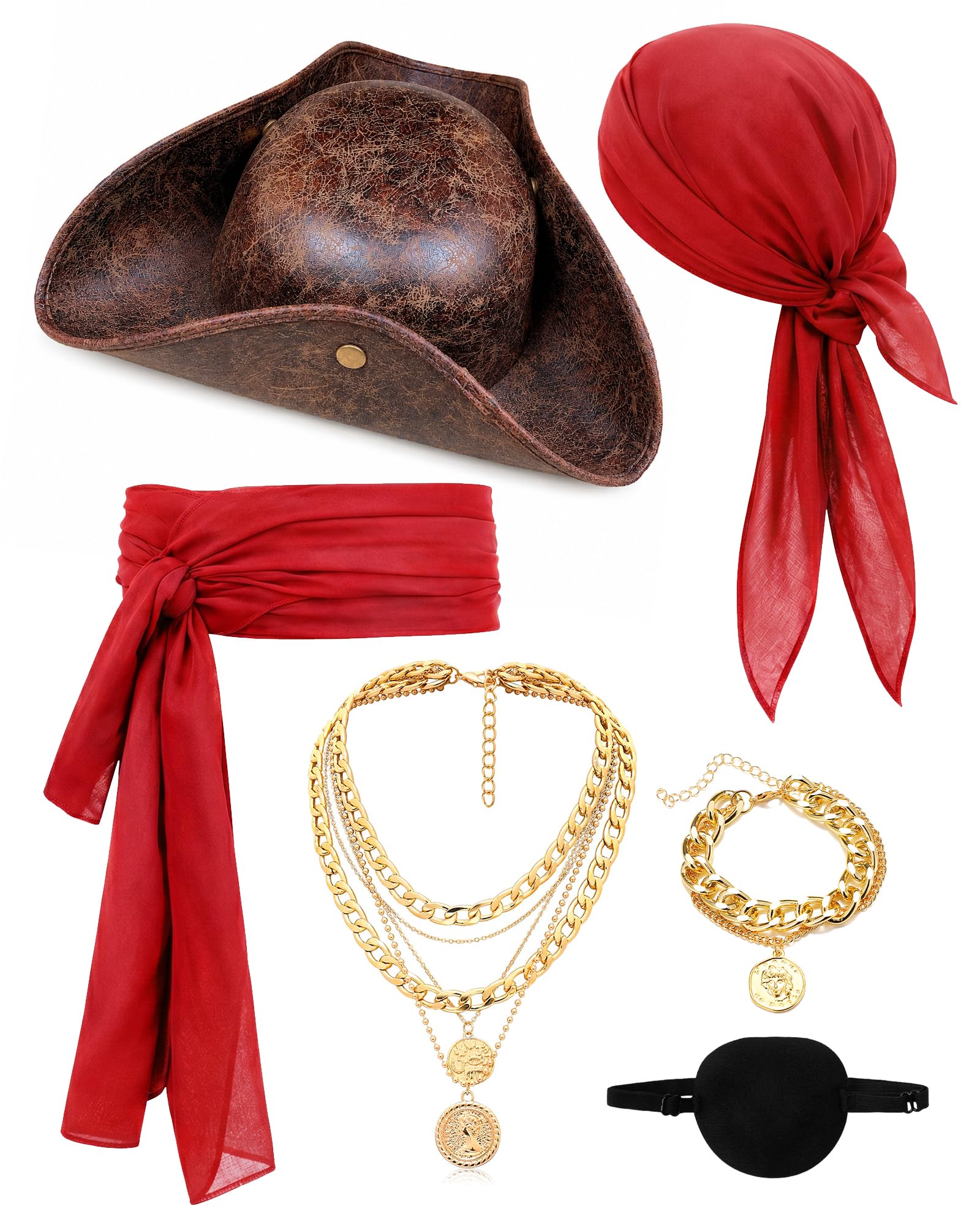 Bryndo 6 Pcs Pirate Costume Accessories Set for Women Men, Pirate Fancy Dress with Hat Bandana Head Scarf Sash Eye Patch Belt Necklace Bracelet for Cosplay Party (Red Plain) — image 1