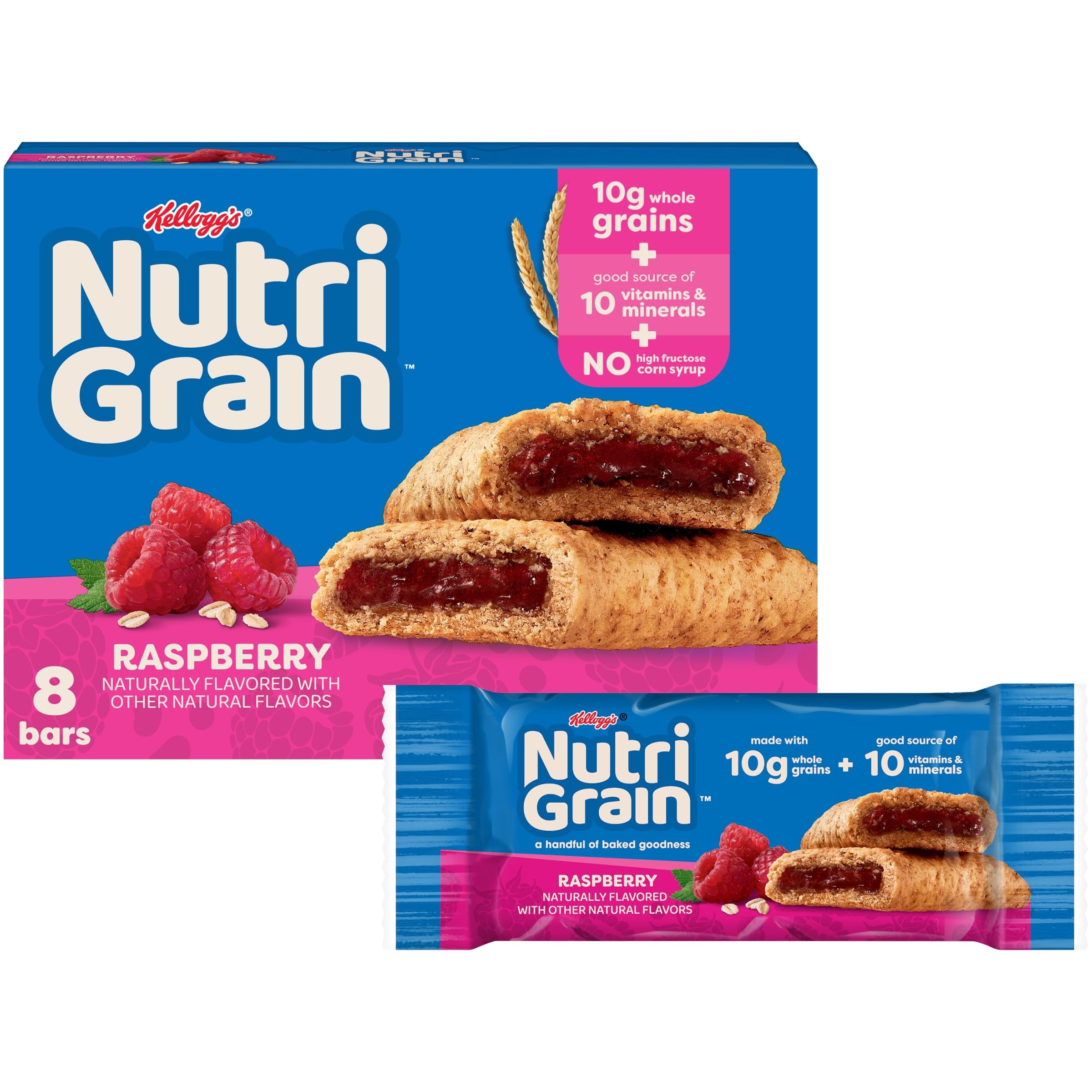 Nutri-Grain Soft Baked Breakfast Bars, Kids Snacks, Whole Grain, Raspberry, 10.4oz Box (8 Bars)