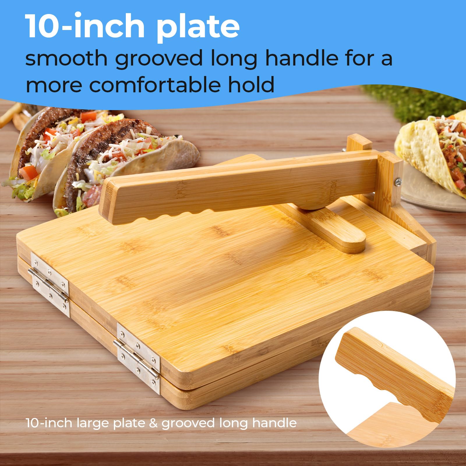 Prensa de tortilla de madera mejorada 2025 de 10 pulgadas, grande, con rodillo y 50 piezas de papel pergamino, para tortilla casera, roti, chapati, taco, pataconera, burritos