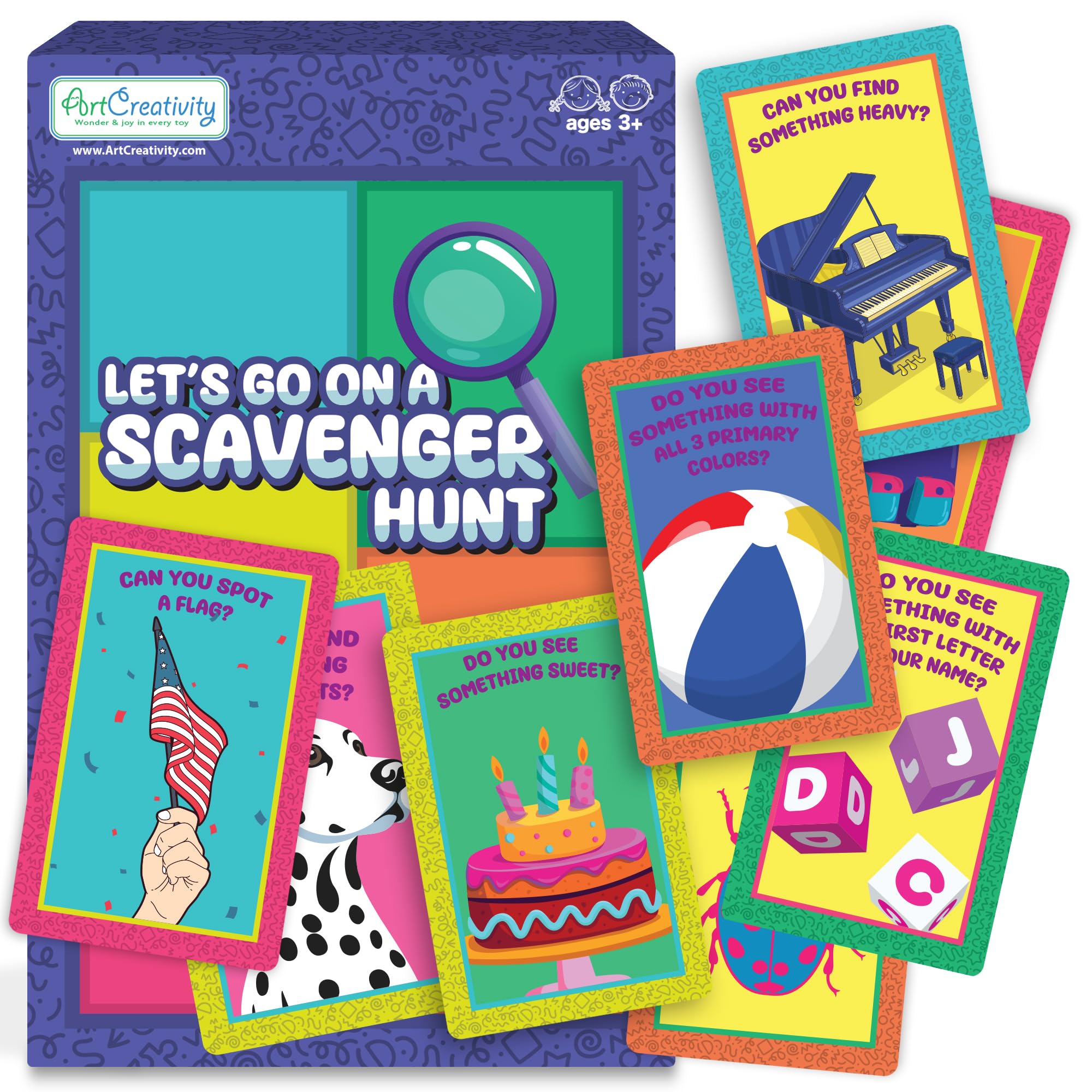 ArtCreativity Scavenger Hunt for Kids (Indoor/Outdoor) - 50 Cards in Sturdy Box - Seek and Find Road Trip Games - Car Activities for Kids - Travel-Friendly Bag - Indoor Scavenger Hunt Game