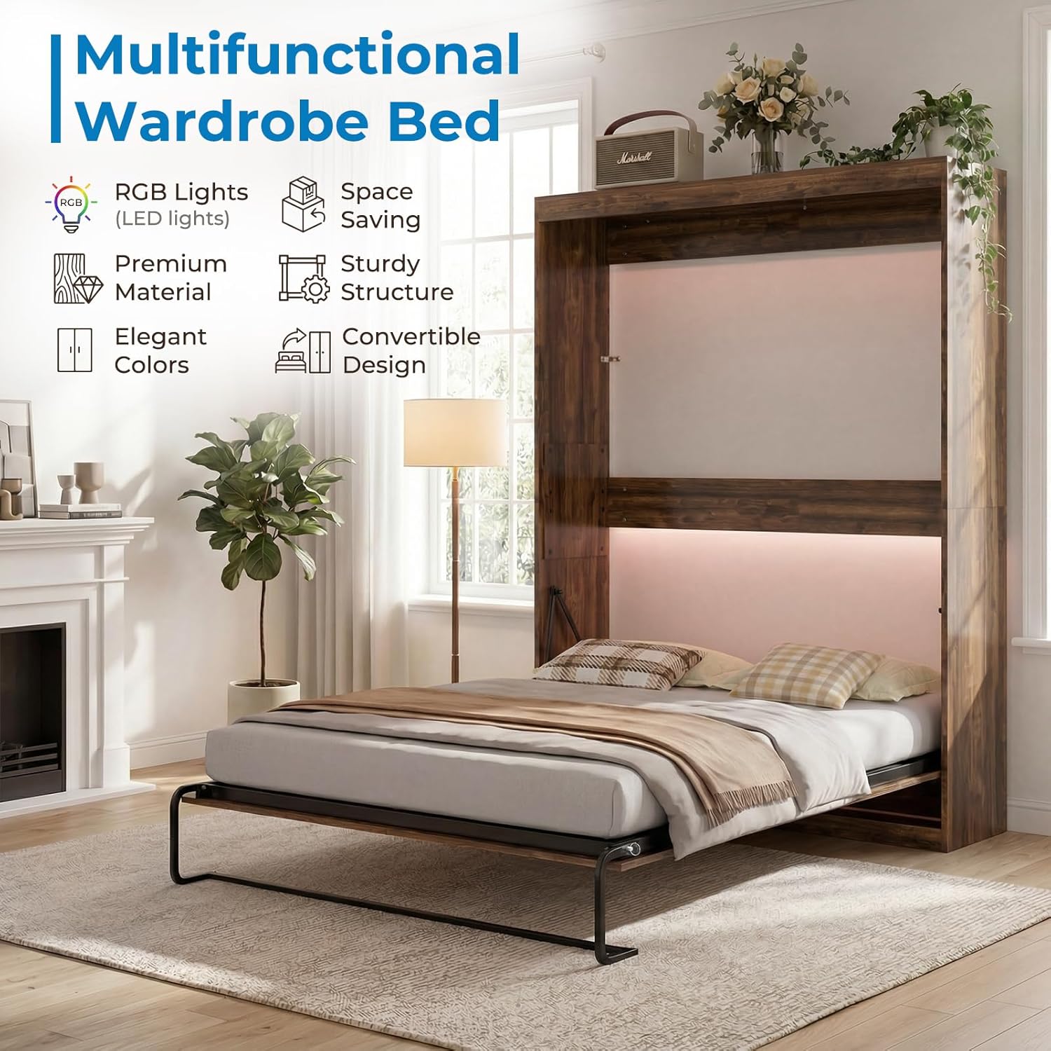 Mjkone Queen Murphy Bed, Cabinet Beds Queen Size, Modern Hidden Murphy Wall Chest Beds with Space-Saving Design, Adults Cabinet Guest Bed with 16 Colors of LED Lights for Bedroom, Apartment - Brown