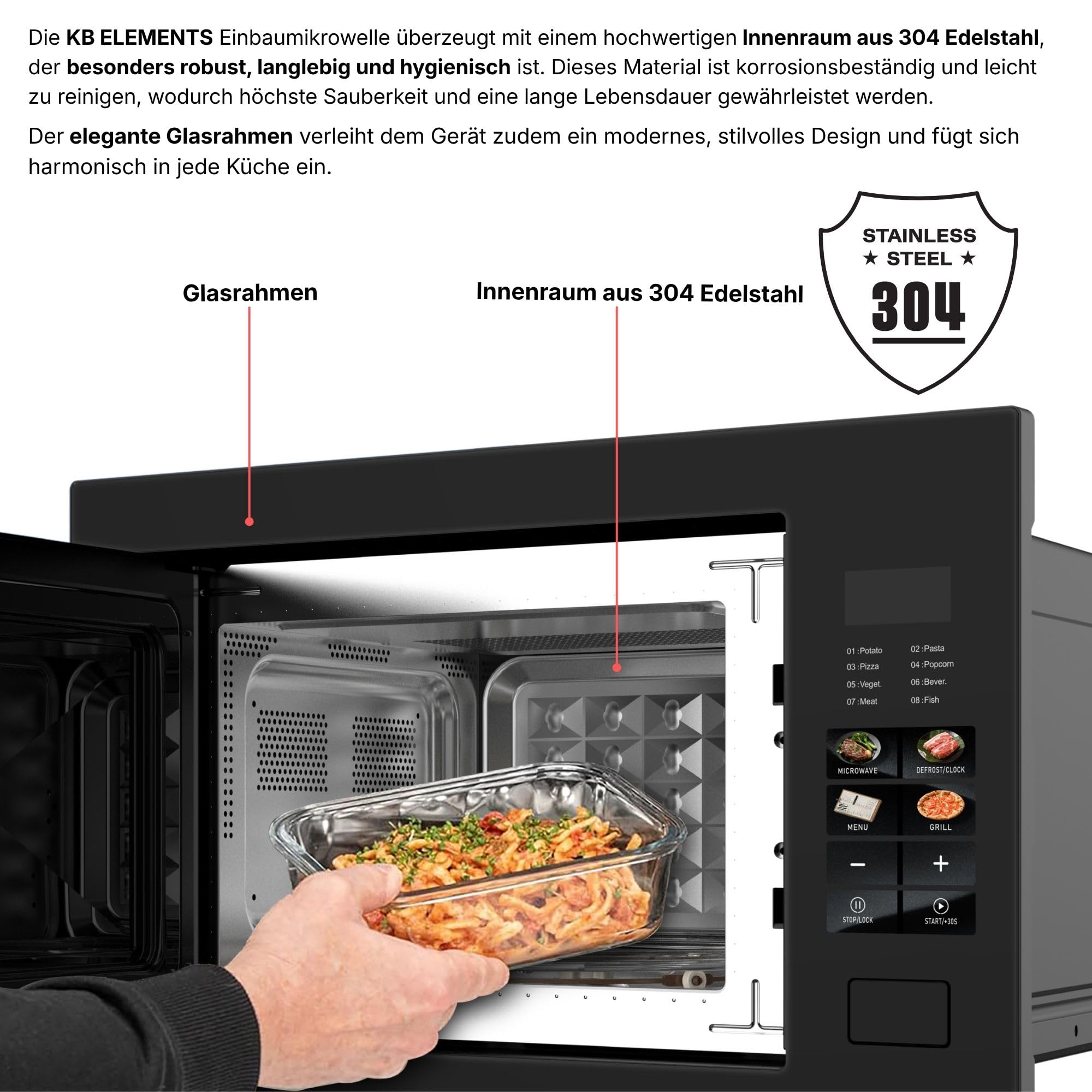 Einbaumikrowelle 60 cm | Einbau Mikrowelle 25 Liter | Full Touch | 1200W Grill | Glasrahmen | Edelstahl | inkl. Grillrost und Drehteller