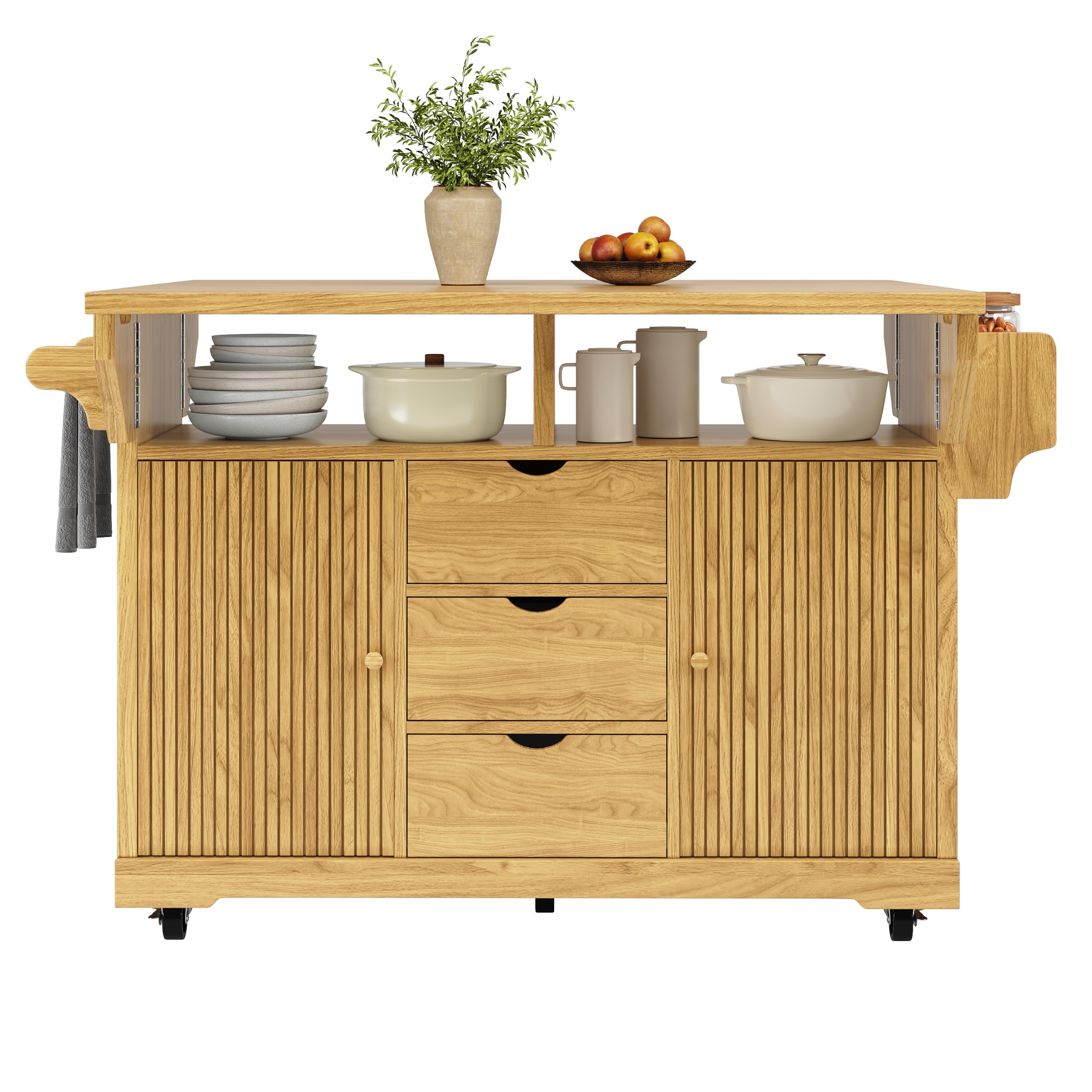 Shye Carrito para servir con extensión de mesa plegable, 95 cm de altura ergonómica, cajones, encimera, ruedas con bloqueo, color marrón