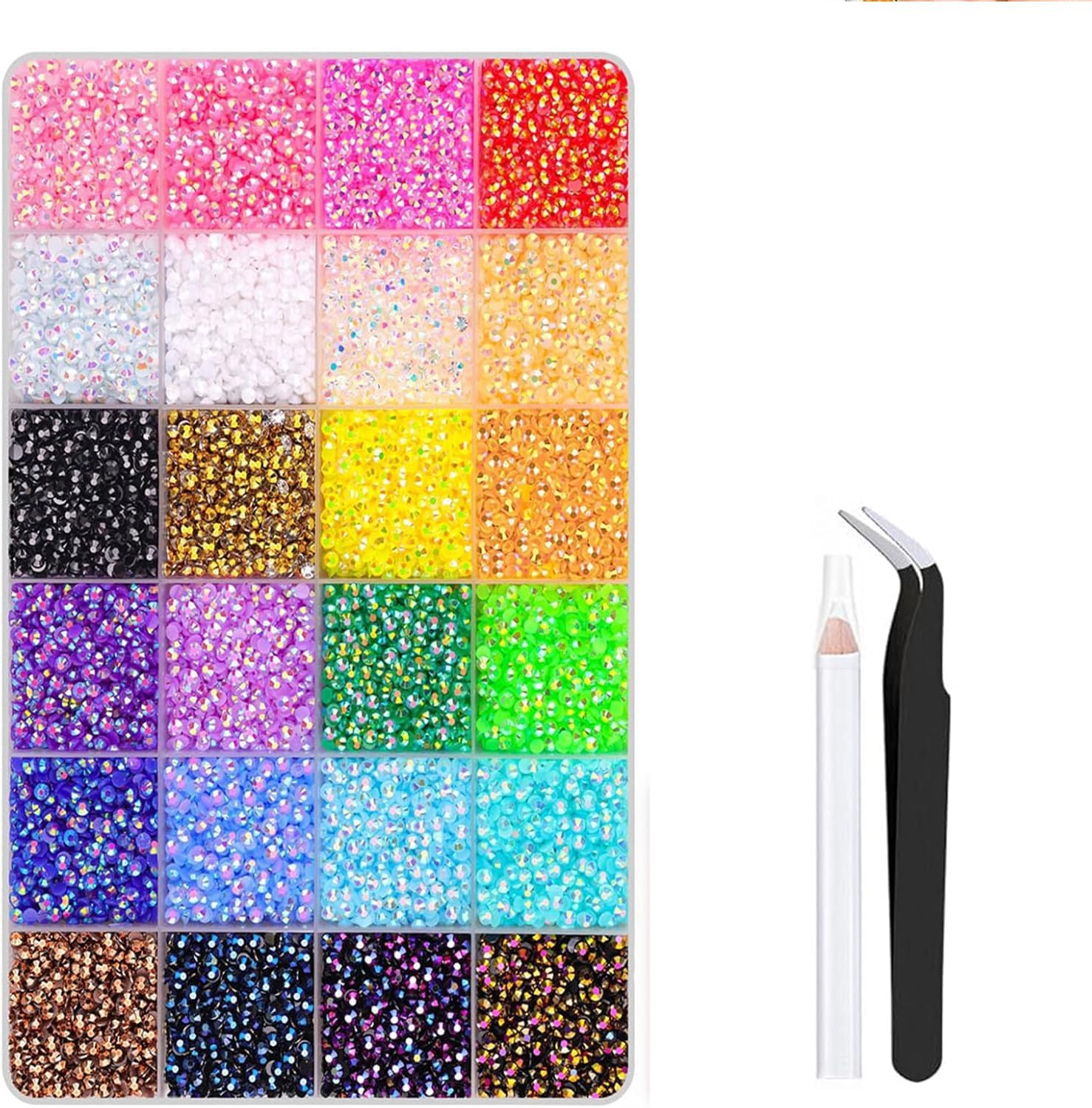 24000Pcs Resin Nail Art Rhinestones Bedazzling Kit, 24 Colors 3mm Flatback Gems with Tweezers & Pickup Pen for DIY Nail Art Crafts Clothes Shoes (Pack of 1) (Multi Colour)-image-46