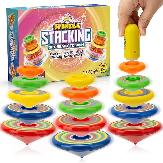 IPIDIPI TOYS Spineez Stacking Spinning Tops for Kids – Set of 3, 15-Piece UFO Spinner Toys – Ideal Stocking Stuffers for Kids, Birthday Party Favors, Goodie Bag School Prizes for Boys & Girls