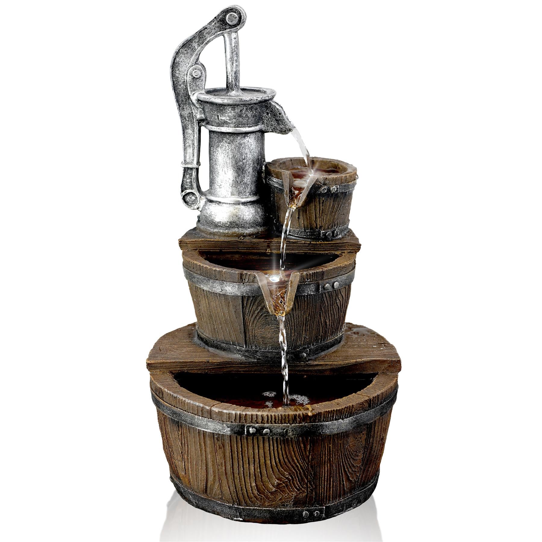 GEEZY Garden Water Feature – Pump Barrel Fountain with LED Lights – Mains Powered, Self-Contained, Indoor & Outdoor – Easy Setup, Cascading & Tranquil – Great for Garden, Home, Patio & Balcony Decor