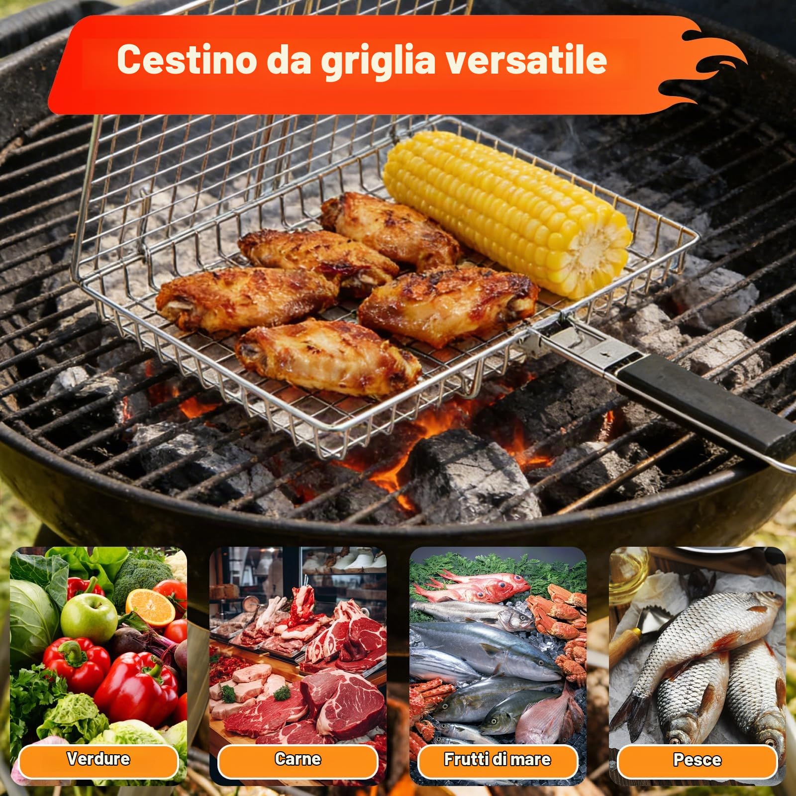 Cestino per barbecue per pesce, grande cestino pieghevole in acciaio inox con manico rimovibile, griglia per pesce, verdure, carne