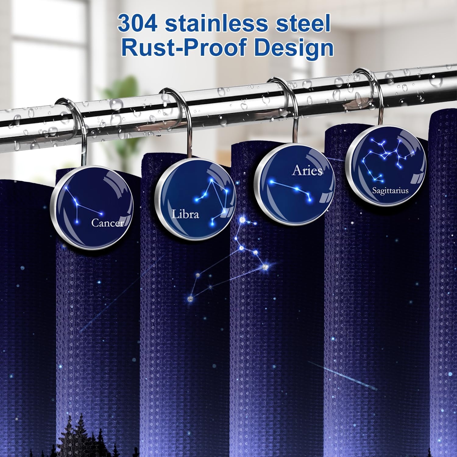 12 Pcs Zodiac Constellation Shower Curtain Hooks, Stainless Steel Resin Crystal Glass Decorative Shower Hooks, Rust Proof Shower Curtain Rings Shower Curtain Hangers for Bathroom