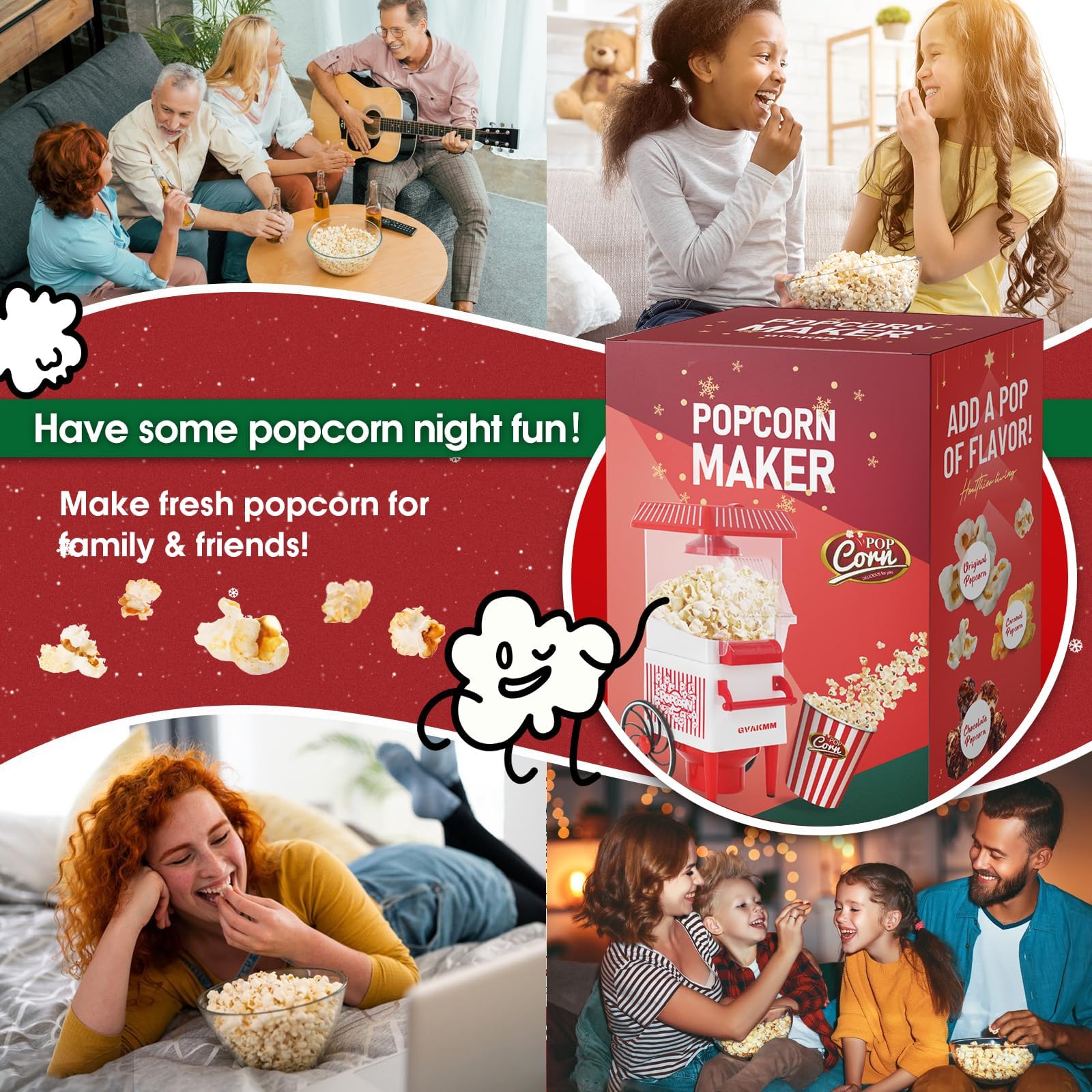Macchina per popcorn, kit per popcorn ad aria calda, scatola regalo, macchina portatile per popcorn casalinga, 10 tazze, senza olio, stile retrò, compatta e carina