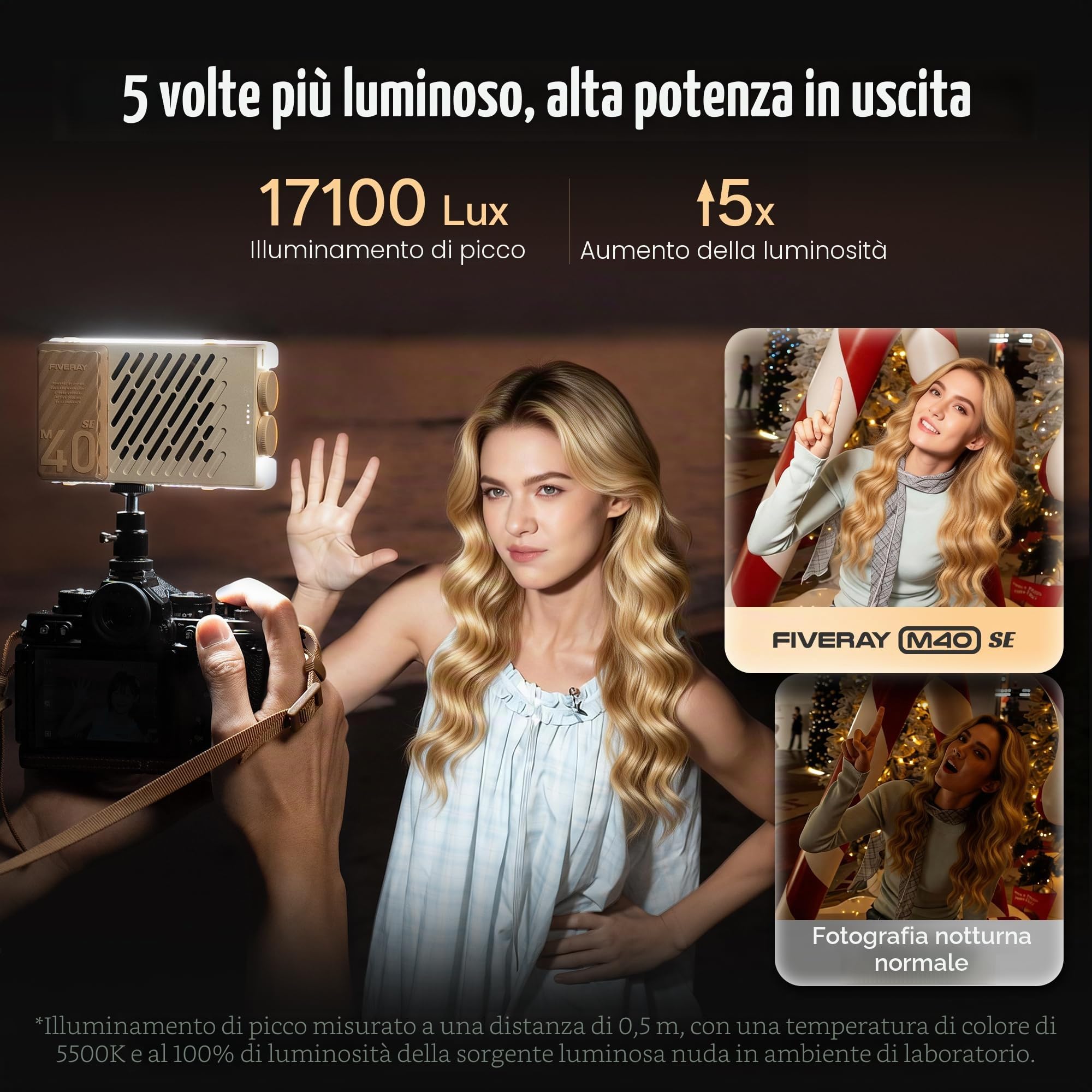 ZHIYUN FIVERAY M40 SE Combo [Ufficiale] Luce Video LED, 17100 Lux, 2700–8500K, CRI≈95, TLCI ≥ 97, 84 LEDS, 250g, Luce Portatile Video/foto/fotocamera/streaming per YouTube TikTok