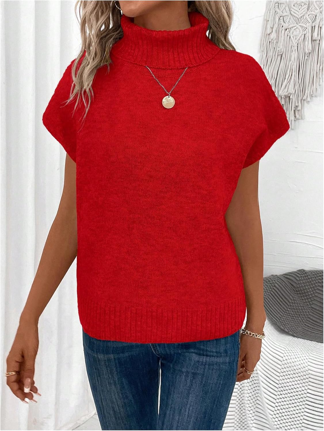 WDIRARA Women's Turtleneck Cap Sleeve Sweater Vest Pullover Knitted Top Loose Oversized Knitwear - Image 6