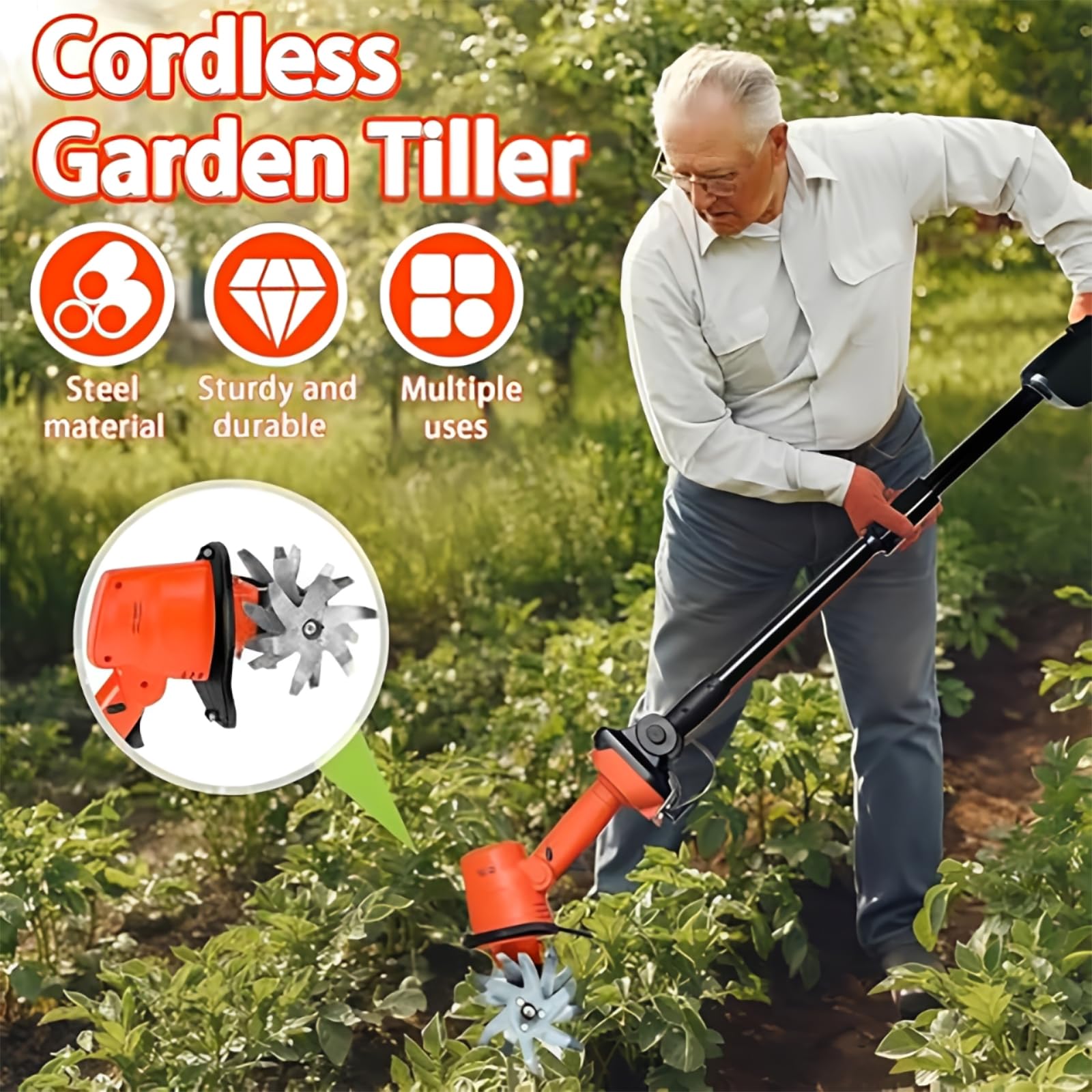 Extracteur de mauvaises herbes électrique, houe de cultivateur de jardin sans fil avec poteau télescopique, 2 batteries et gants, houe électrique 2 en 1 pour ameublir le sol, pelouse, jardin, cour