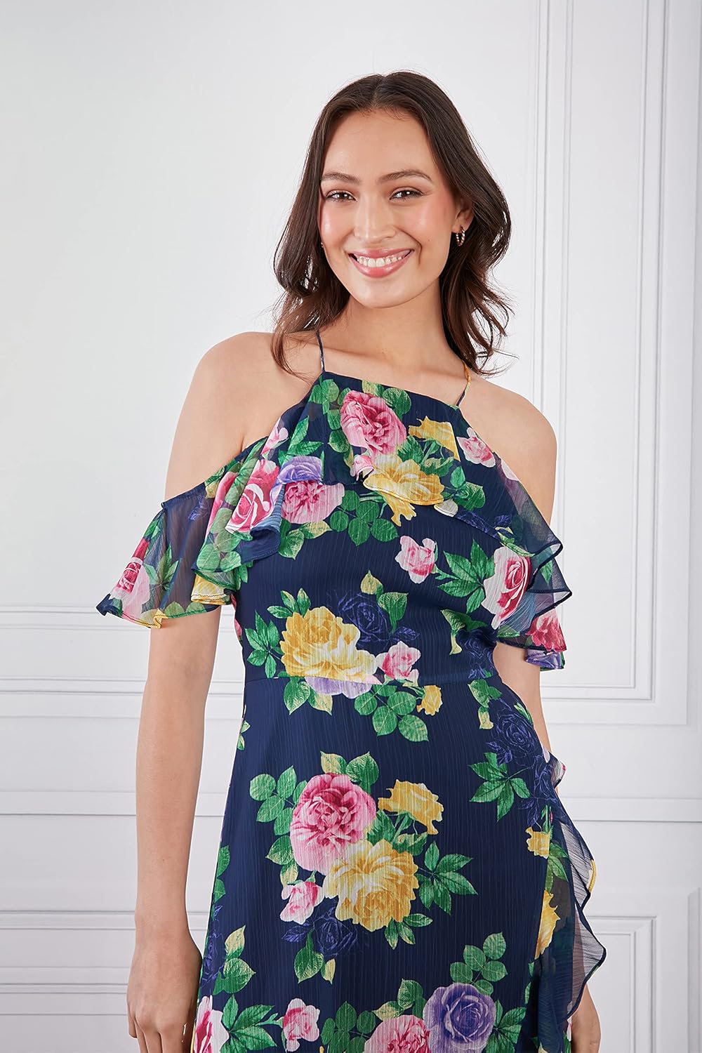 London Times Women's Cold Shoulder Halter Hi-Low Maxi Dress with Feminine Ruffle Occasion Guest of Garden Party