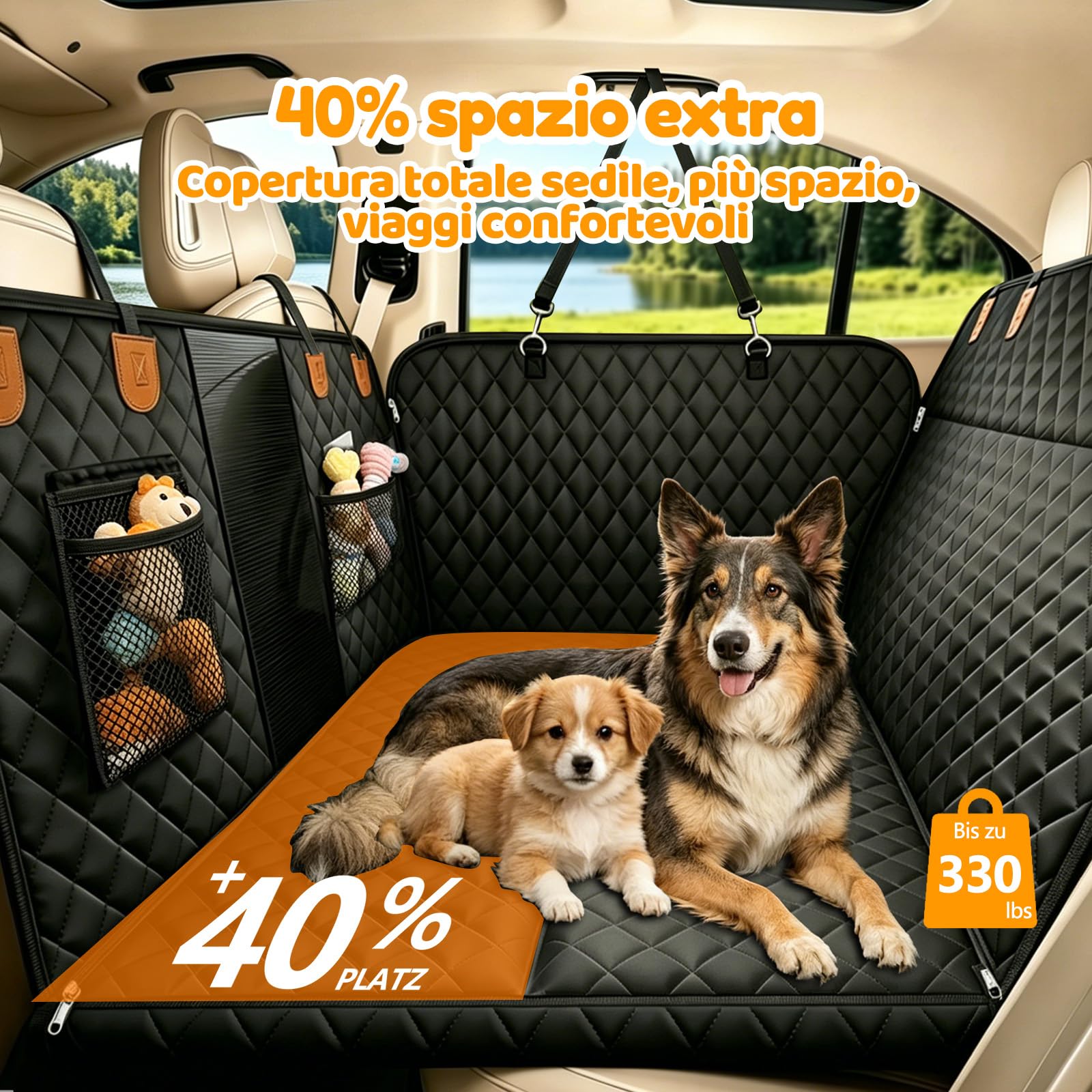 Coperta per cani per sedile posteriore con piastra rigida, sedile posteriore per cani | Oxford 600D, 40% di spazio in più, antigraffio, impermeabile, antiscivolo, finestrella, portata fino a 150 kg, per auto e SUV