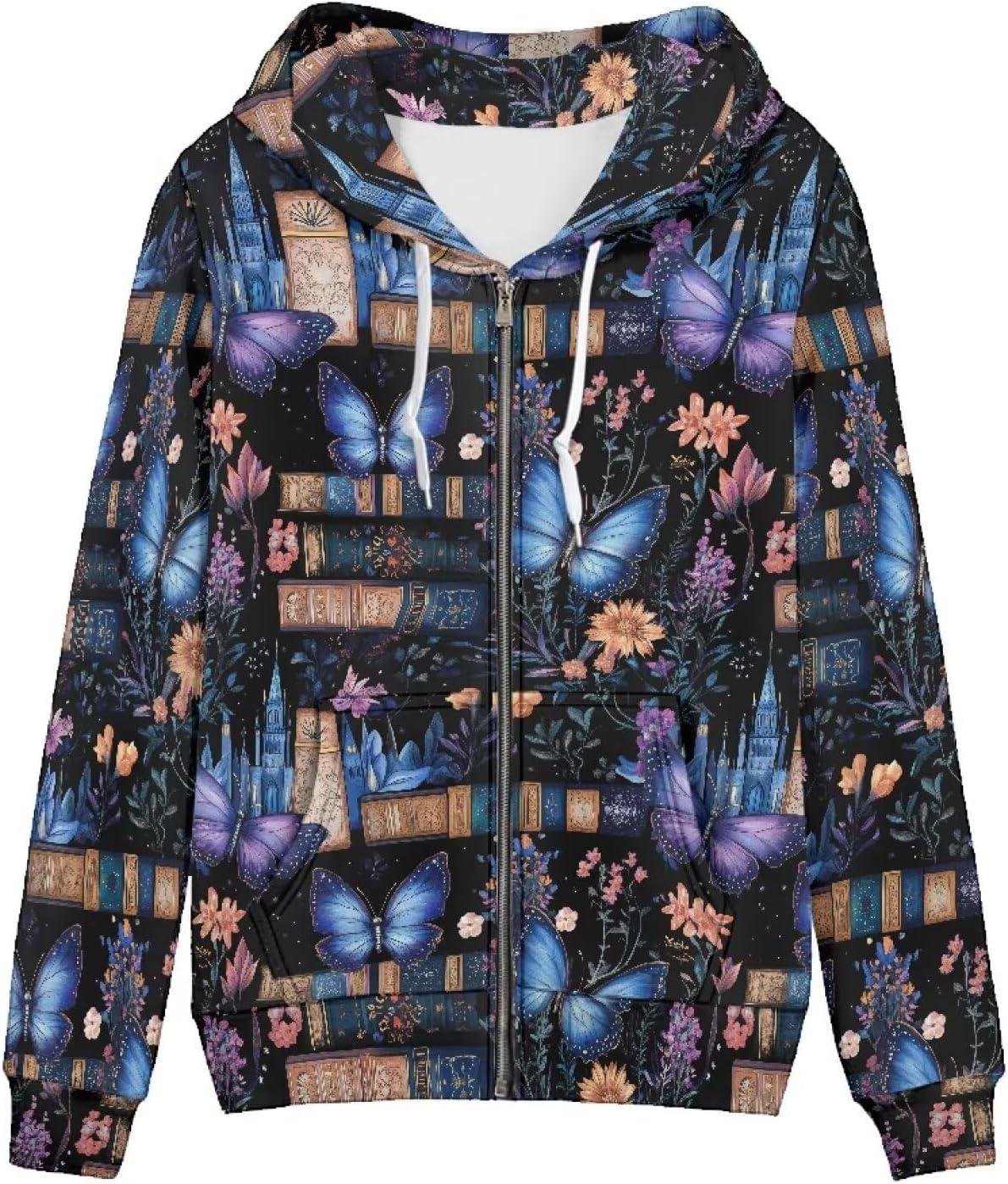 Aesthetic Galaxy Women's Zip Up Hoodie Watercolor Peony Casual Comfy Pullover Musical Note Long Sleeve Sweatshirt