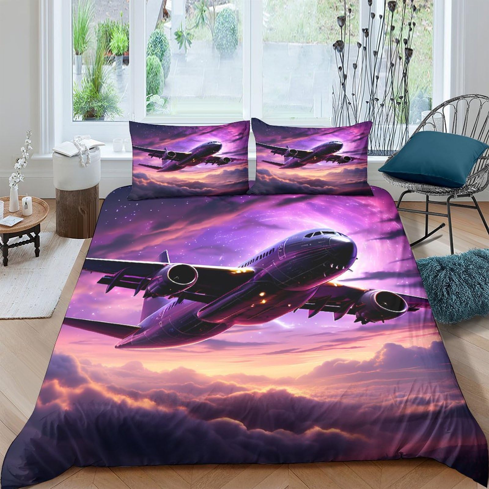 Ctjqhvkz Style-5 3D Printed Sunset Airplane Fitted Sheet Microfiber Soft Purple Cloud Mattress Cover For Bedroom Guest Room Decor Single（135X200cm）