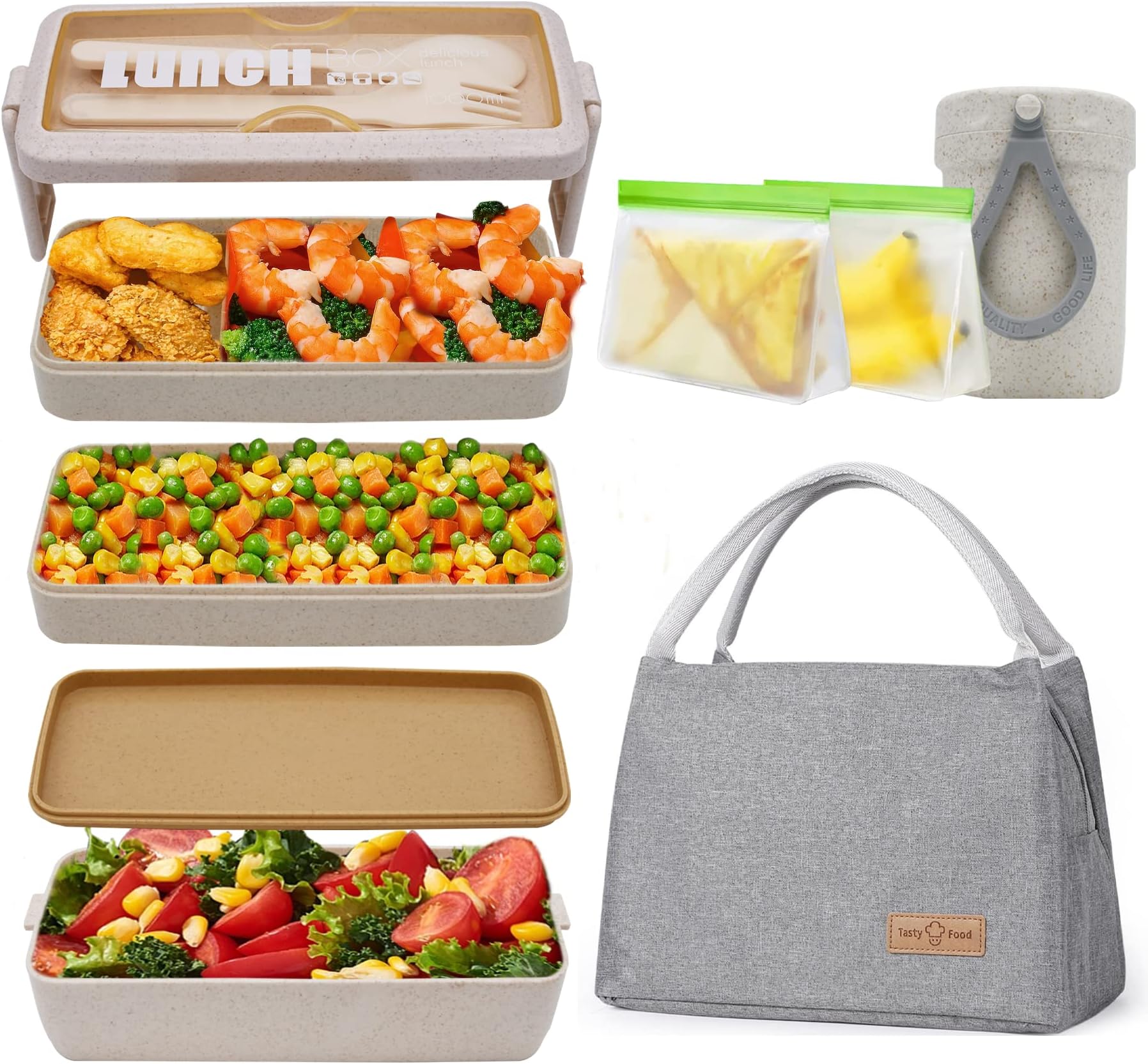 Bento Lunch Box for Adult, 3 In 1 Bento Lunch Containers
