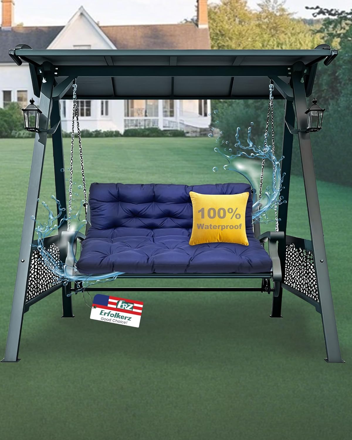 60inch Porch Swing Cushions, 100% Waterproof Swing Cushion for Outdoor 2or3 Seater Swing, Outside Patio Swing Cushion Replacement with Secure Ties, ca.5inch Thick Blue 60x40 Inch (Pack of 1)