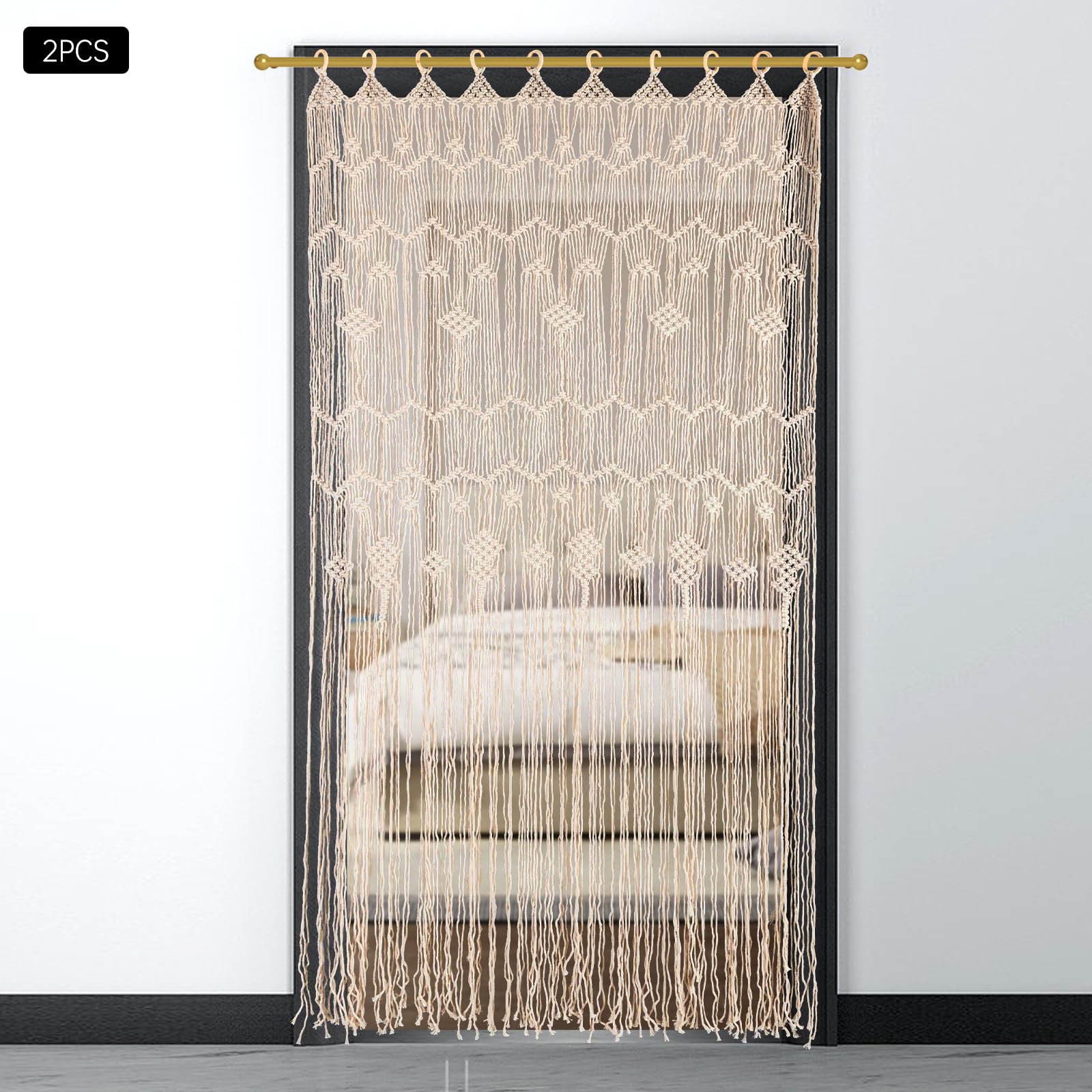 TRIEBAN Lot de 2 rideaux en macramé - Style bohème - Tissés à la main - Pour mariage, fenêtre et séparateur de pièce - Décoration murale pour la maison et le bureau - 85 x 200 cm