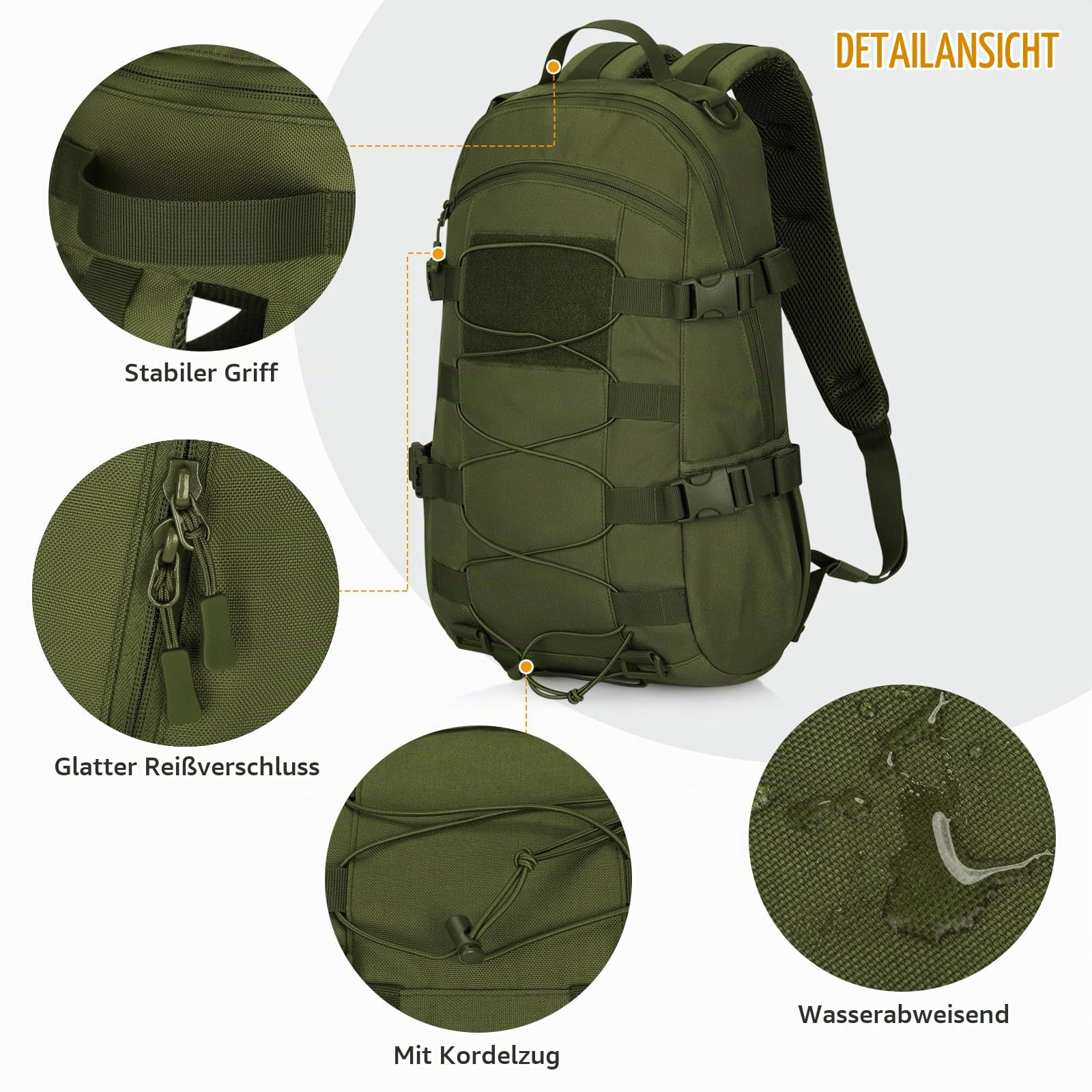 HUNTVP 25L Taktischer Rucksack Militär Rucksack Herren 1000D Nylon Bundeswehr Wanderrucksack MOLLE Tactical Backpack Wasserabweisend für Herren Damen Uni Reise Sport Outdoor Klettern, Grün