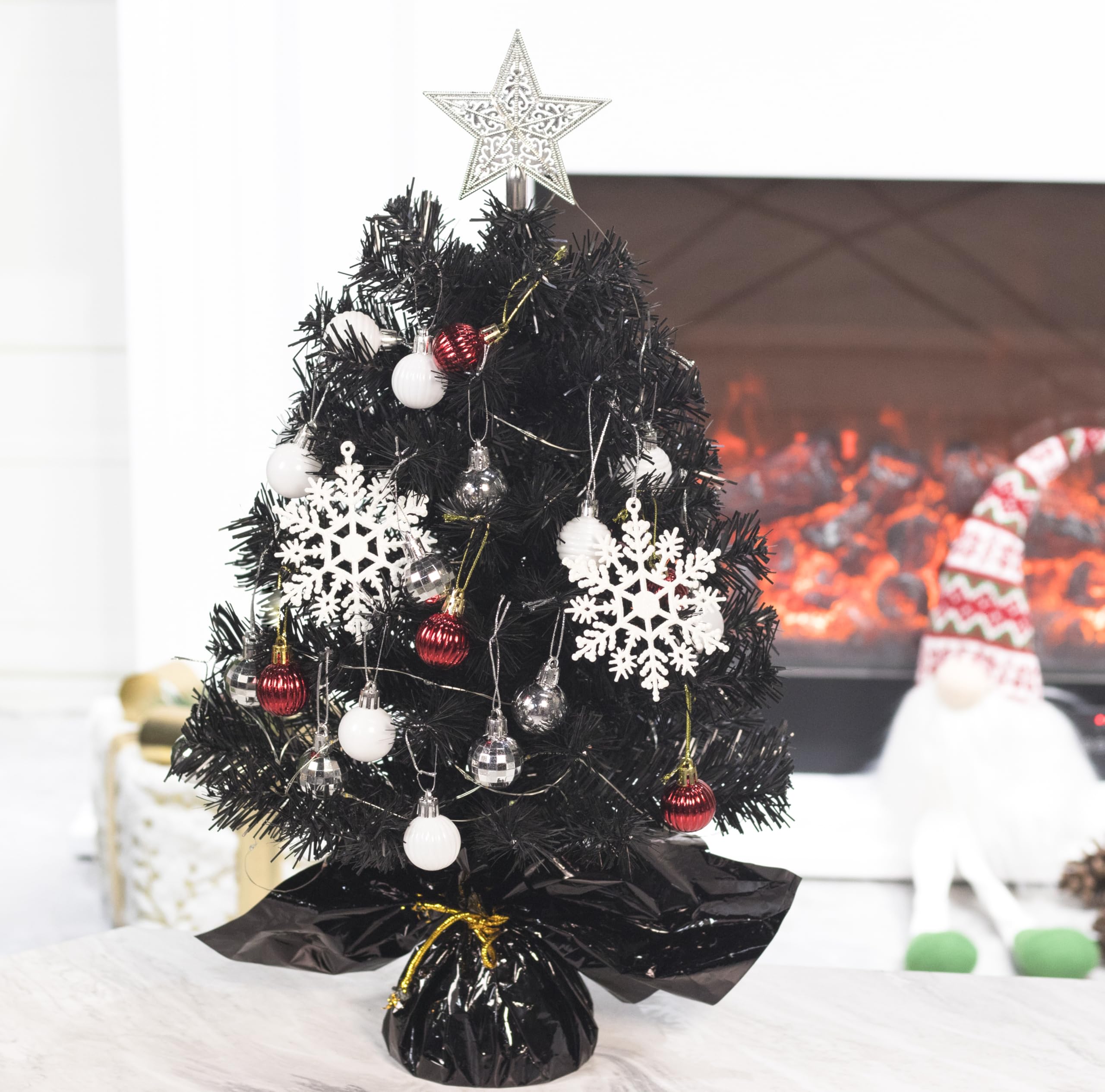 23 Inch Mini Christmas Tree Artificial Tabletop Christmas Tree with Star Tree Topper, Snowflake and Ornaments for Christmas Decoration, Black