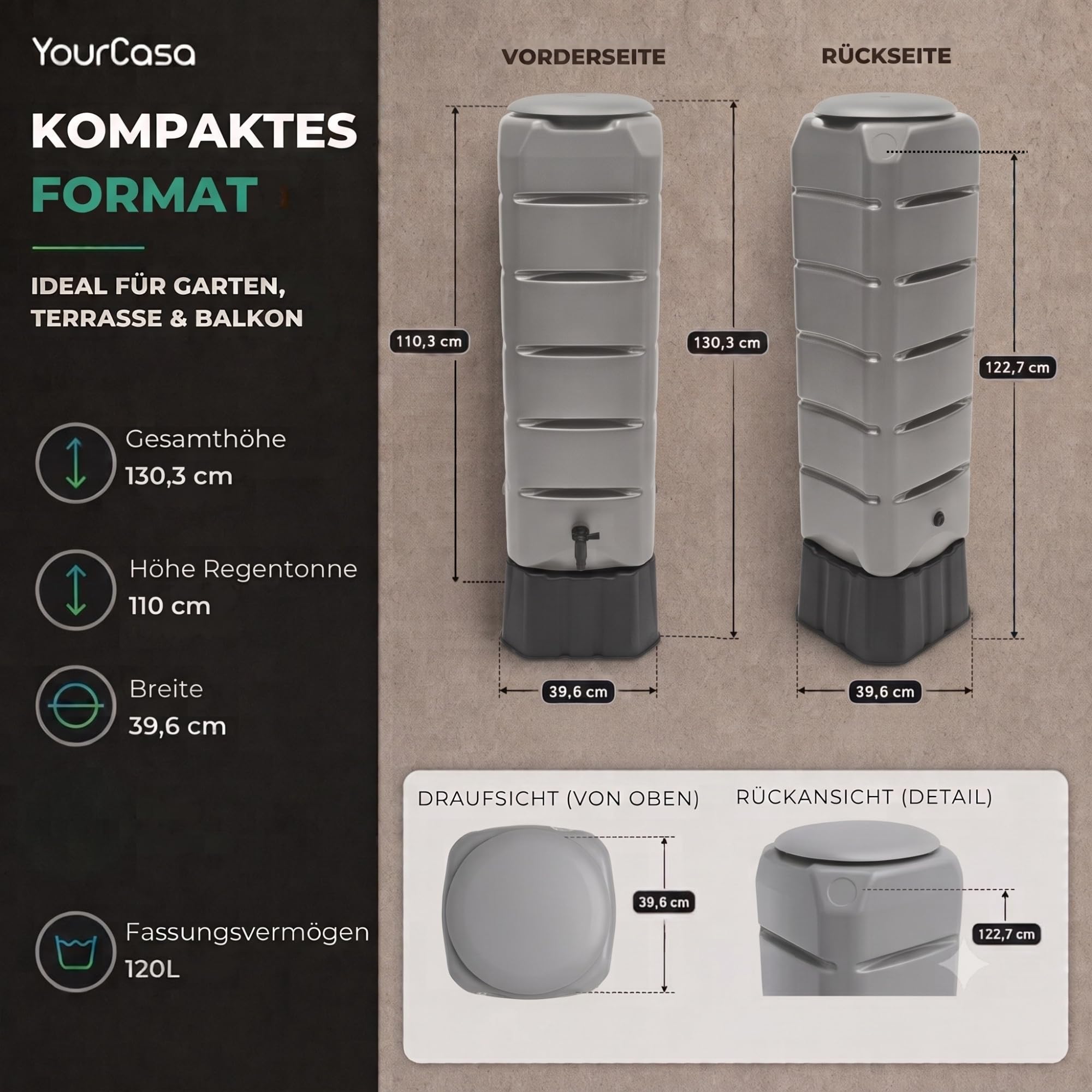 YourCasa Zbiornik na deszczówkę z podstawką, pokrywą i kranem, z tworzywa sztucznego, odporny na mróz, 120 l, zbiornik na wodę deszczową, zbiornik na wodę deszczową, do ogrodu, na wodę deszczową