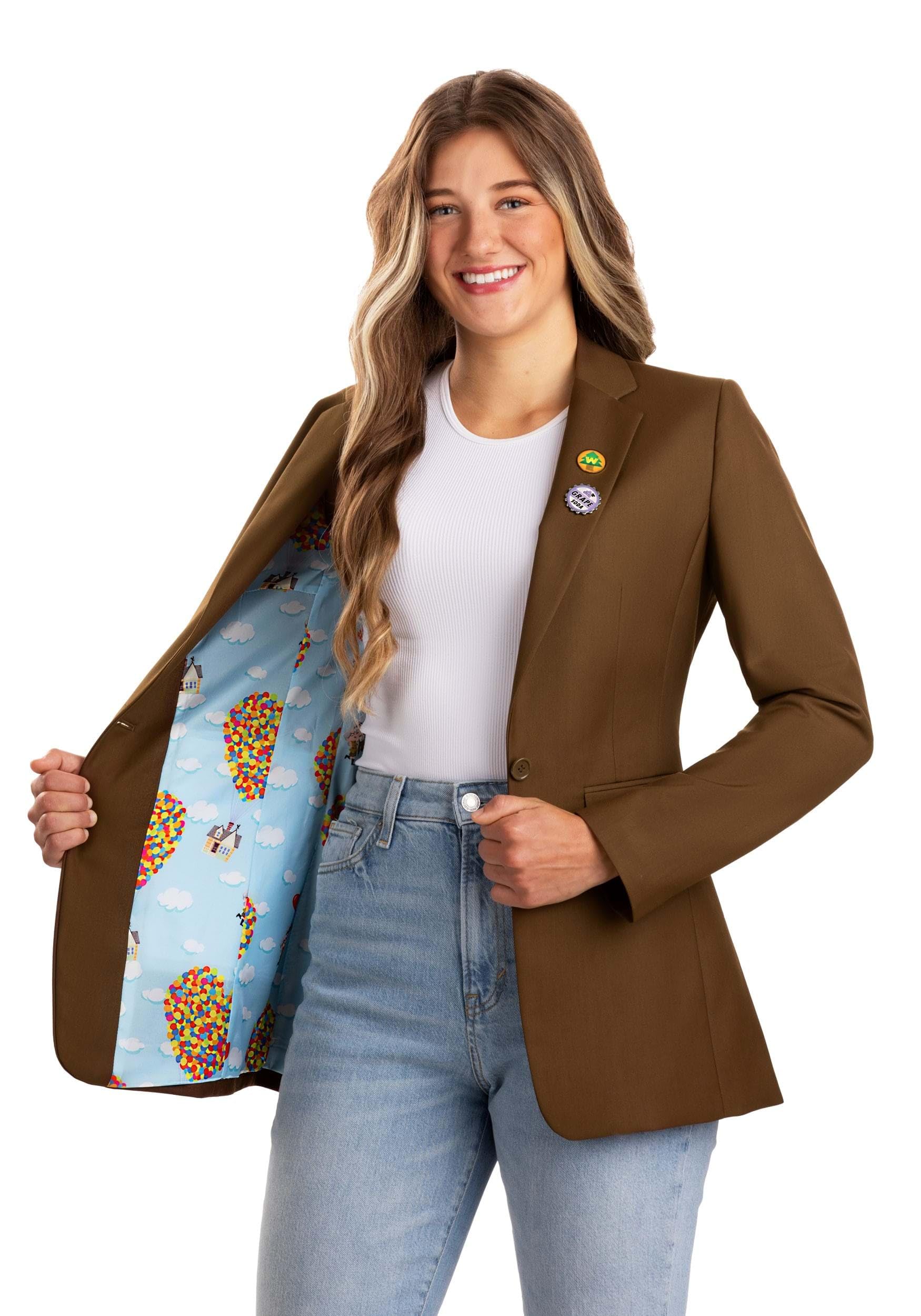 Disney and Pixar Up Blazer for Women Fully Lined Blazer with Enamel Pins Up-Themed Satin Graphics