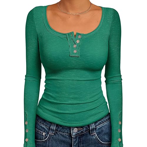 Kissfix Long Sleeve Shirts for Women Fall Winter Henley Tops Business Casual Ribbed Blouses Fashion Trendy Outfits 2025