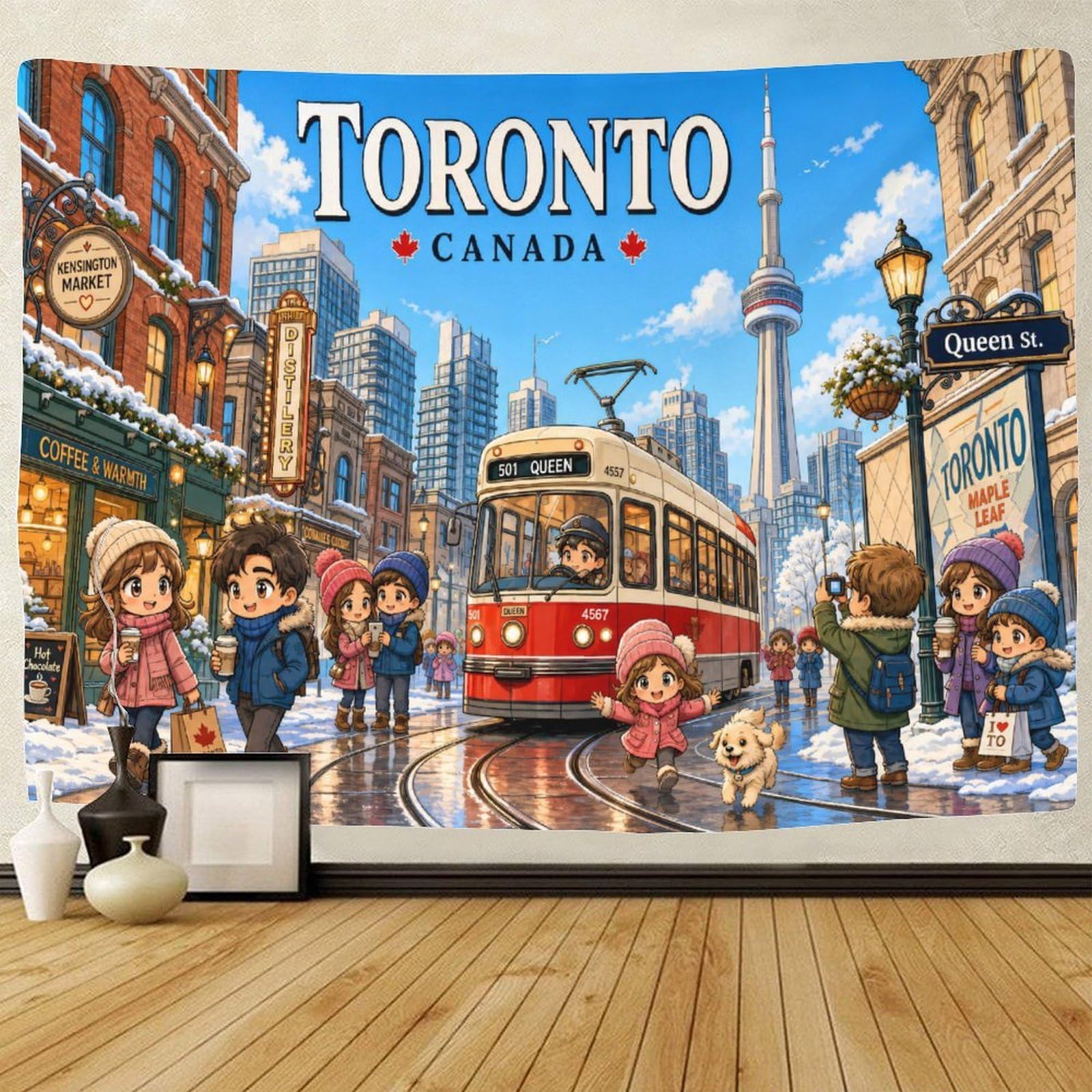 GPMNBCXZK Vintage Toronto Wall Art Decor 3D Print Tapestry for Bedroom Winter Streetscape Tapestries Home Decoration Curtain Living Room Dorm 70cmx100cm