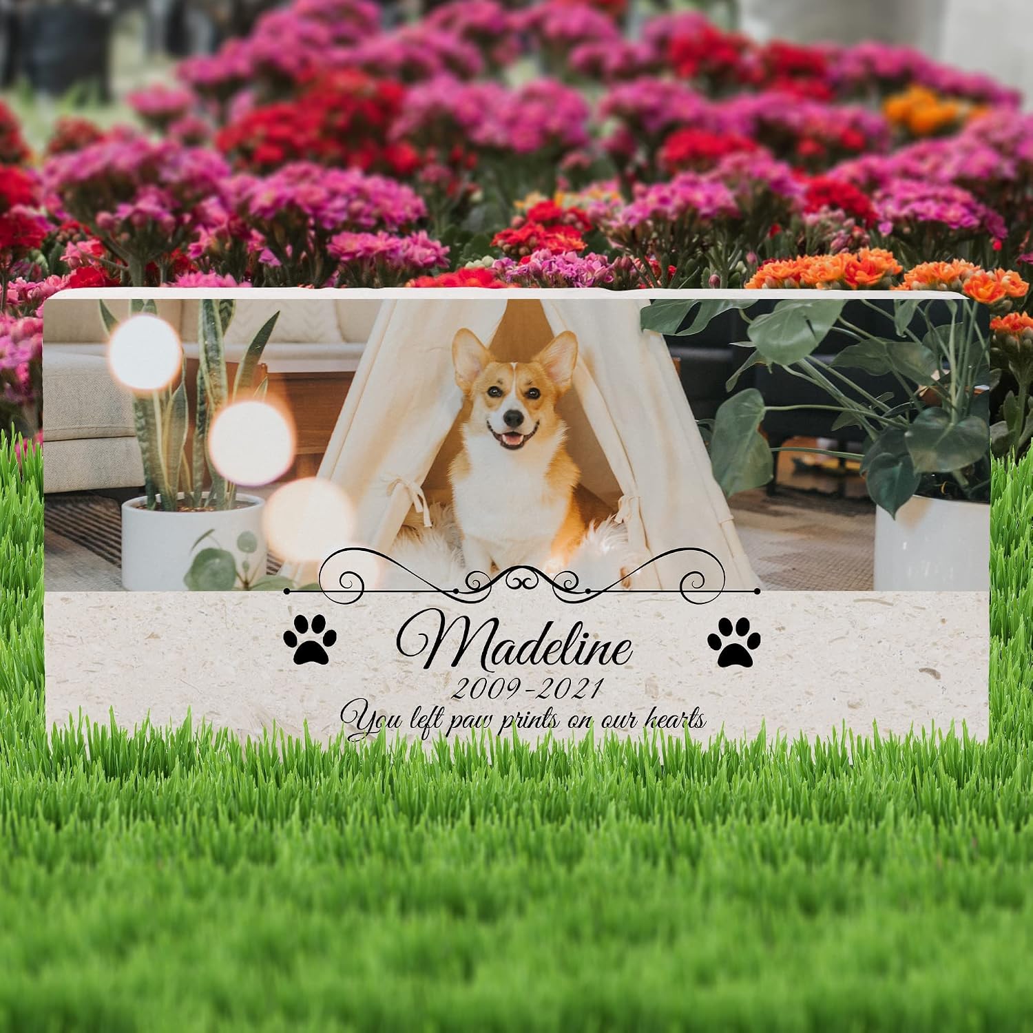 Custom Dog Memorial Stone, Personalized Pet Headstones for Dogs, Outdoor Pet Grave Markers with Photo Print and Text, Loss of Pet Sympathy Gift, 12”x6”x1.25" Pet Grave Stone (C. Madeline Design)