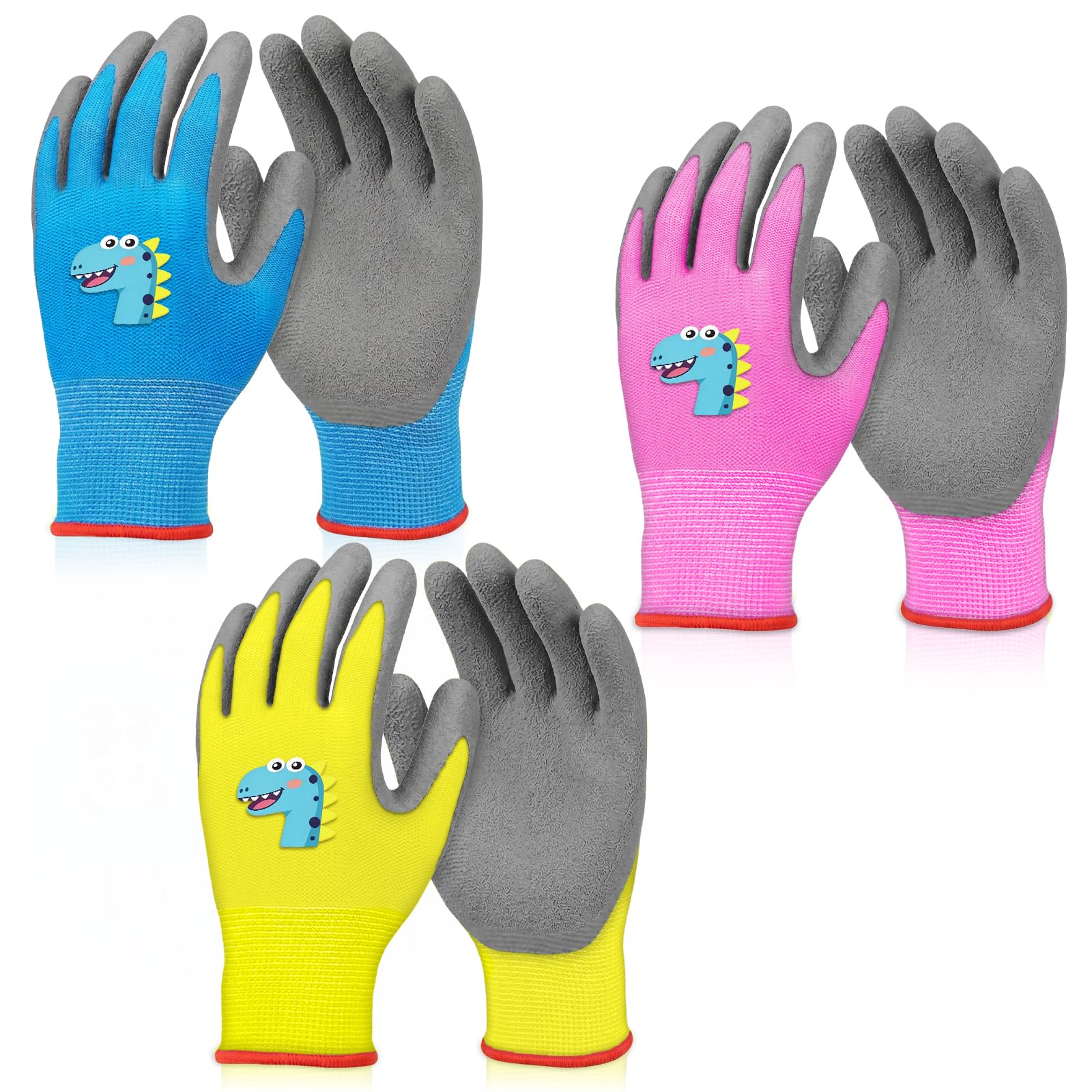 flintronic 3 Pairs of Gardening Gloves, Kids Safety Work Gloves, Non-Slip, Kids Rubber Gloves, Kid Work Glove for Toddlers Youth Girls Boys, Comfortable Breathable for Camping Yard Cleaning (Age 3-5)