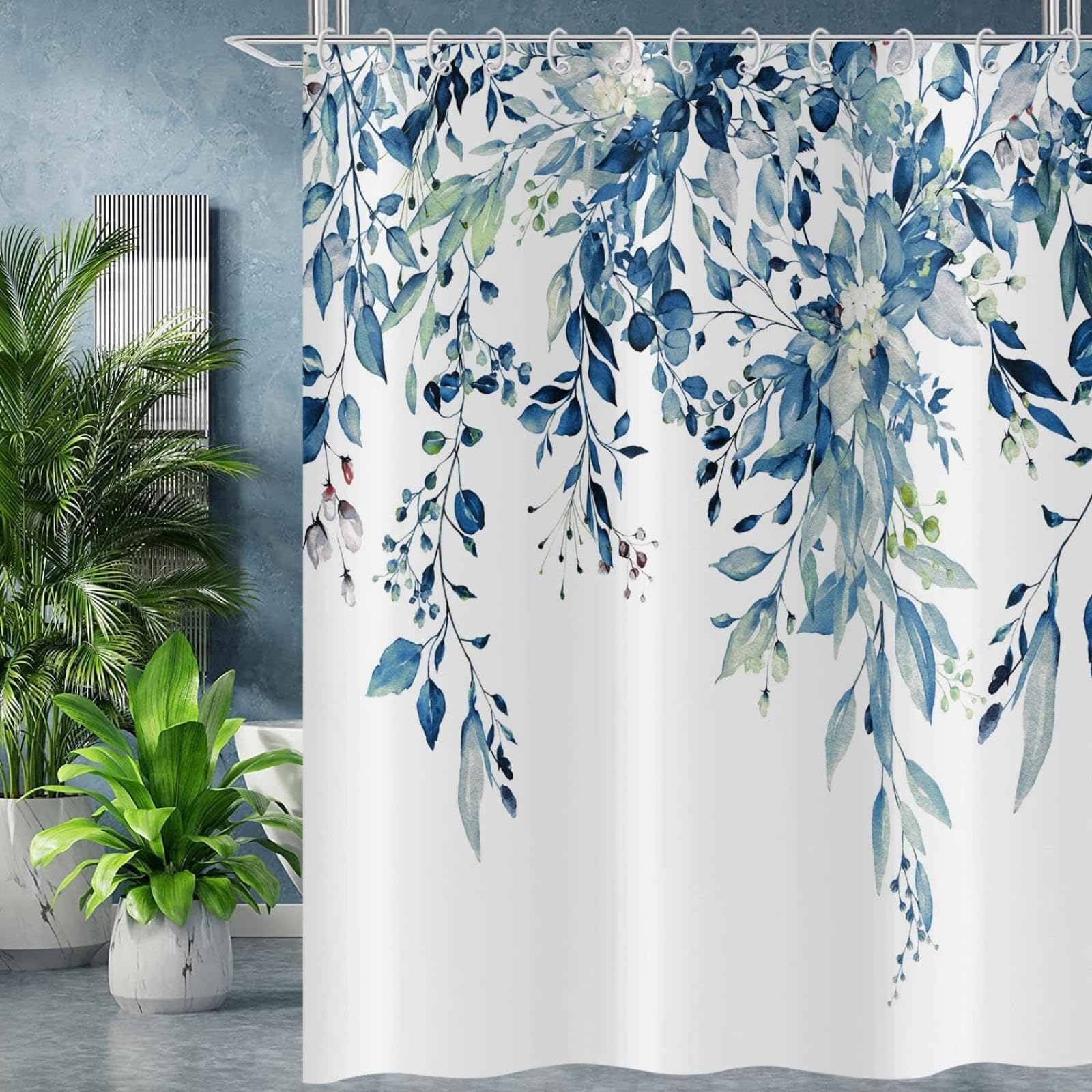 UIYIUI Blue Eucalyptus Leaf Shower Curtain 65x84in（165x214cm） Watercolor Leaves on The Top Plant with Floral Bathroom Curtain, Washable Waterproof Fabric for Stall Bathtub Closet Partitions