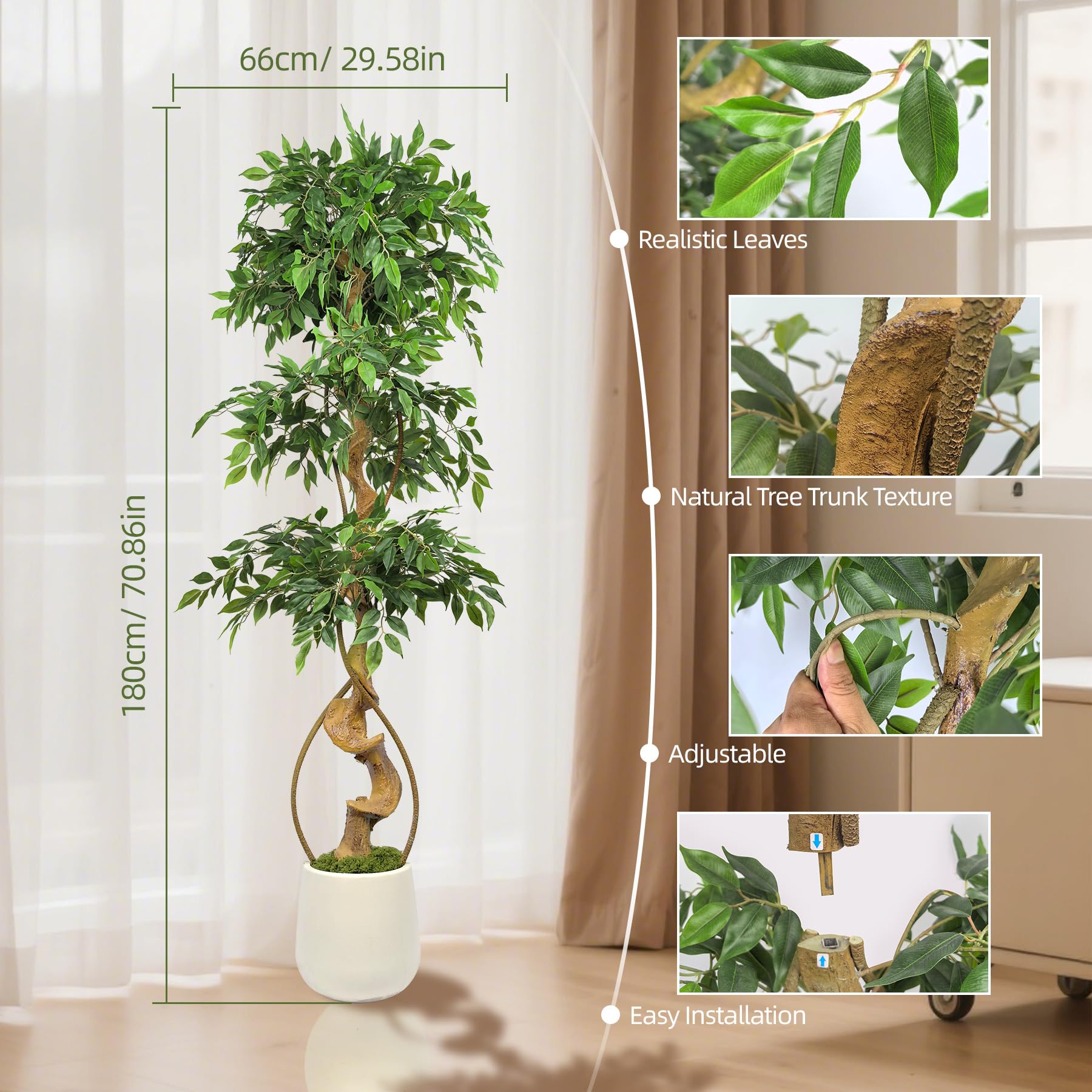 Künstliche Pflanzen Groß, 180 cm Künstlicher Groß Banyanbaum, Grüne Künstliche Pflanzen Wie Echt, Kunstpflanzen Geeignet für Indoor, Outdoor, Zuhause, Büro, Garten, Moderne Dekoration