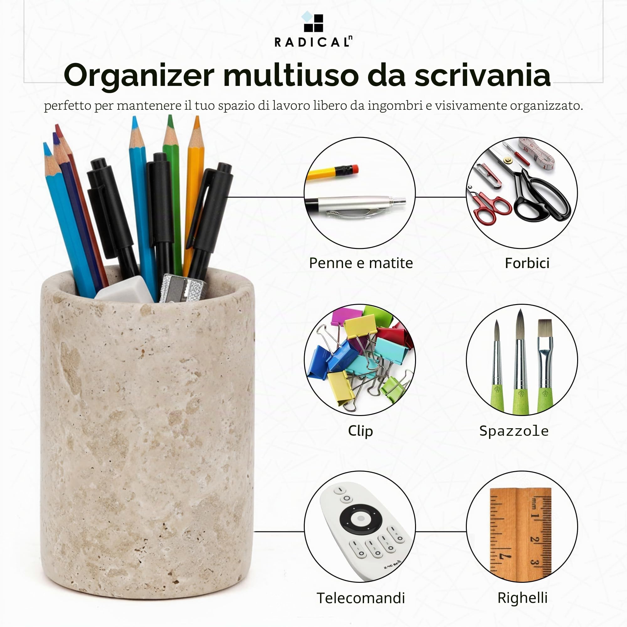 Radicaln Portapenne da scrivania in marmo da 10,2 cm, in travertino, realizzato a mano, ideale per matite e cancelleria, utilizzato per portaspazzolini, ideale per forniture per ufficio
